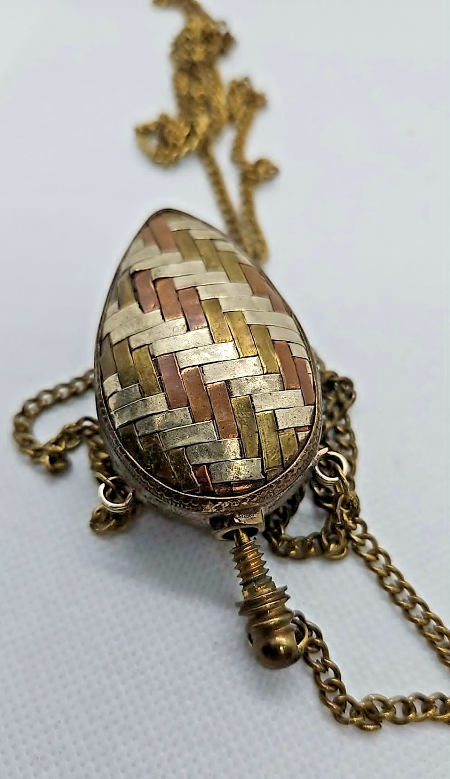 Vintage Perfume Bottle Necklace Pendant Chatelaine Woven Mixed Metal Flask 41g