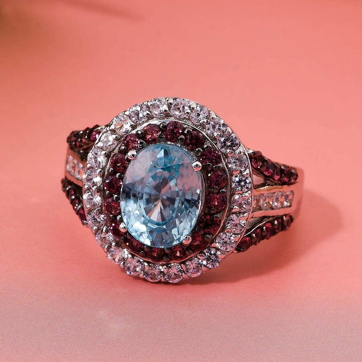AWESOME!! 4.80ctw Blue, White and Brown Zircon Ring Rhodium Plated Size 8