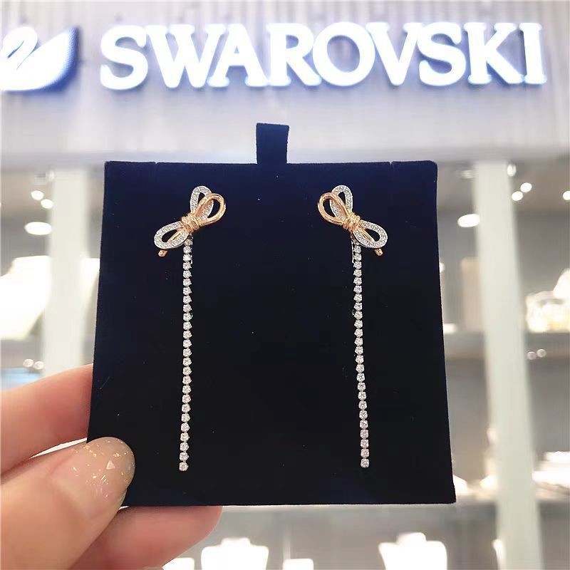 Elegant Women’s Long Dangle Earrings with Swarovski Crystal-studded Bows