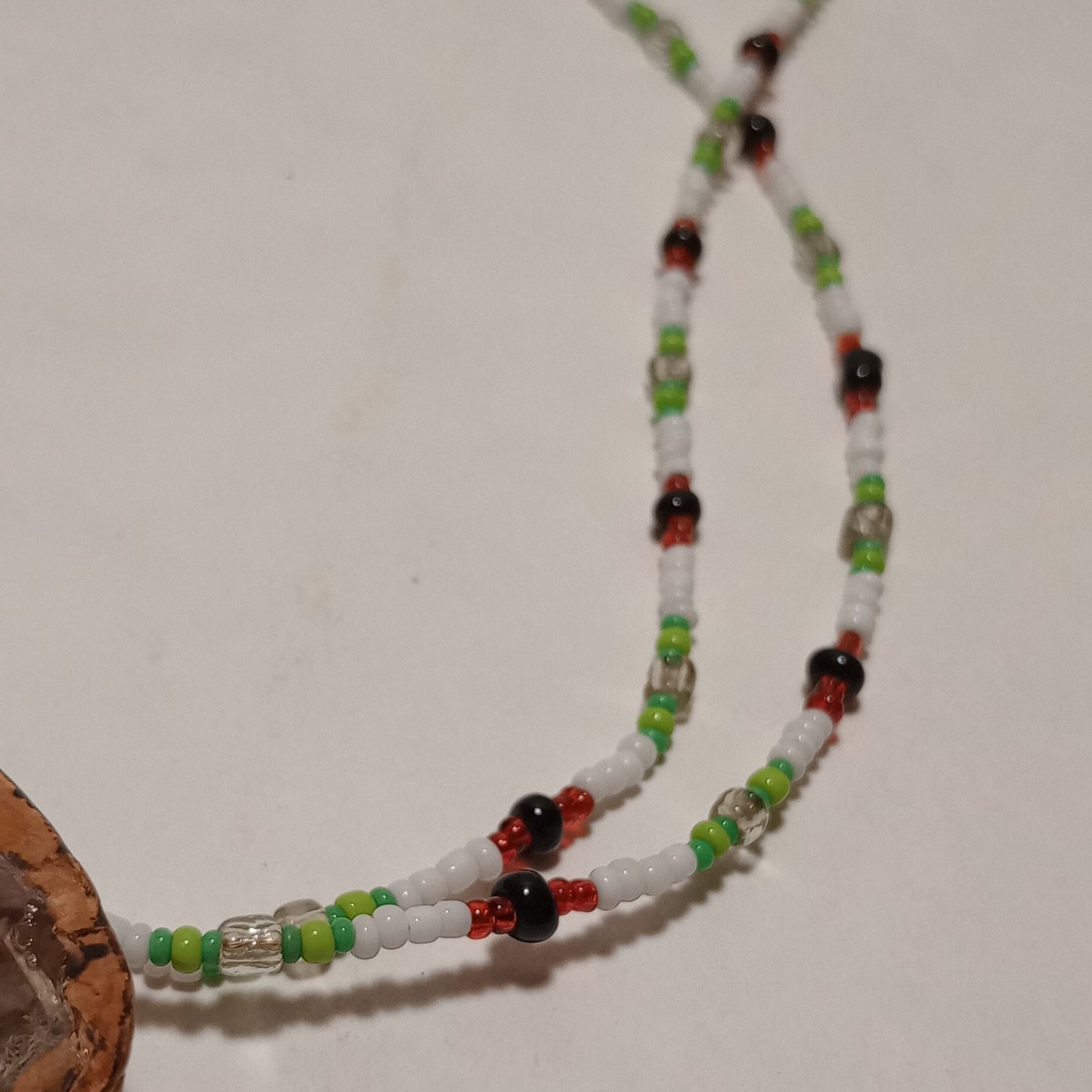 Handmade Multicolor Beaded Necklace Walnut Pendant UFO & Cow on Farm
