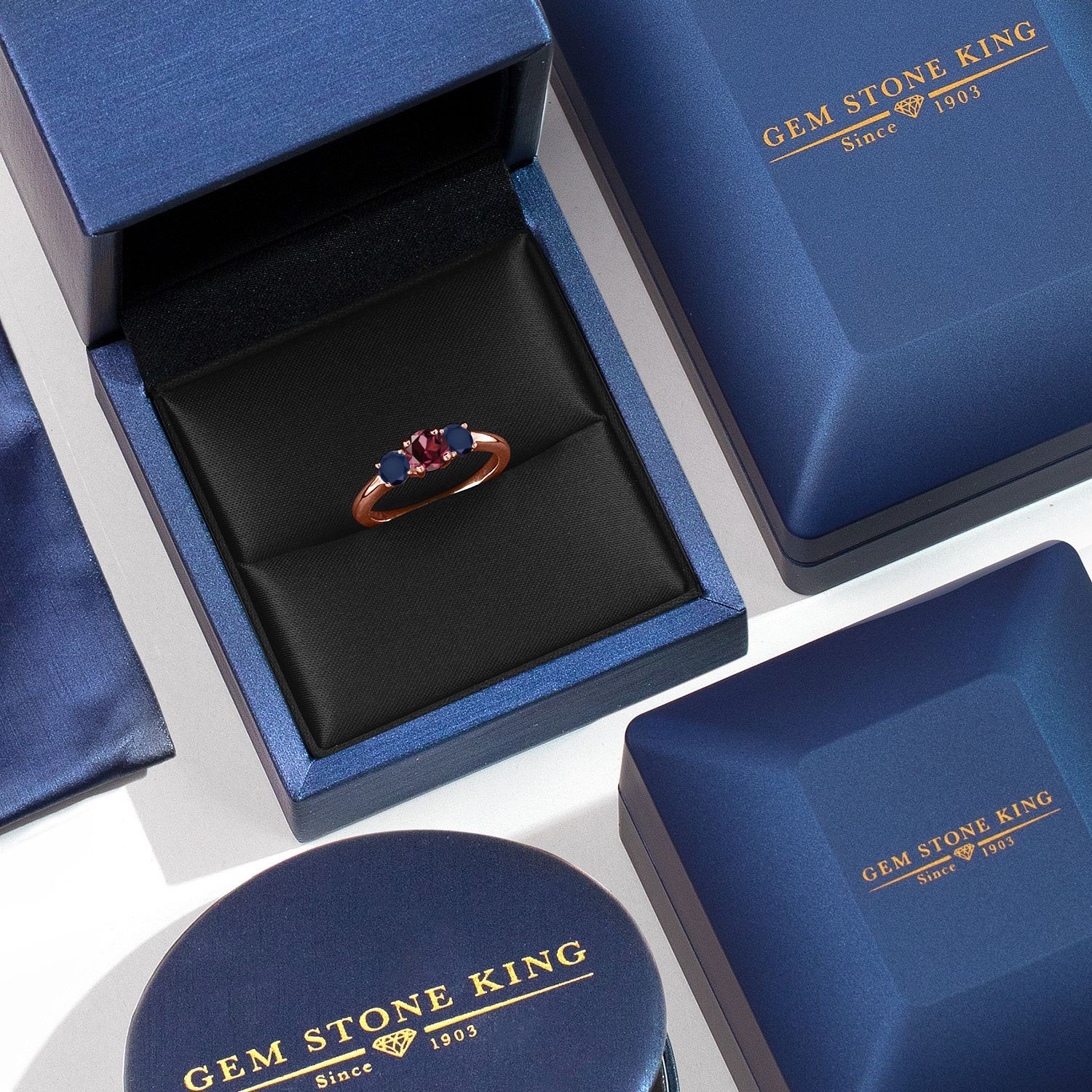 18K Rose Gold Plated Silver Rhodolite Garnet and Sapphire Engagement Ring For
