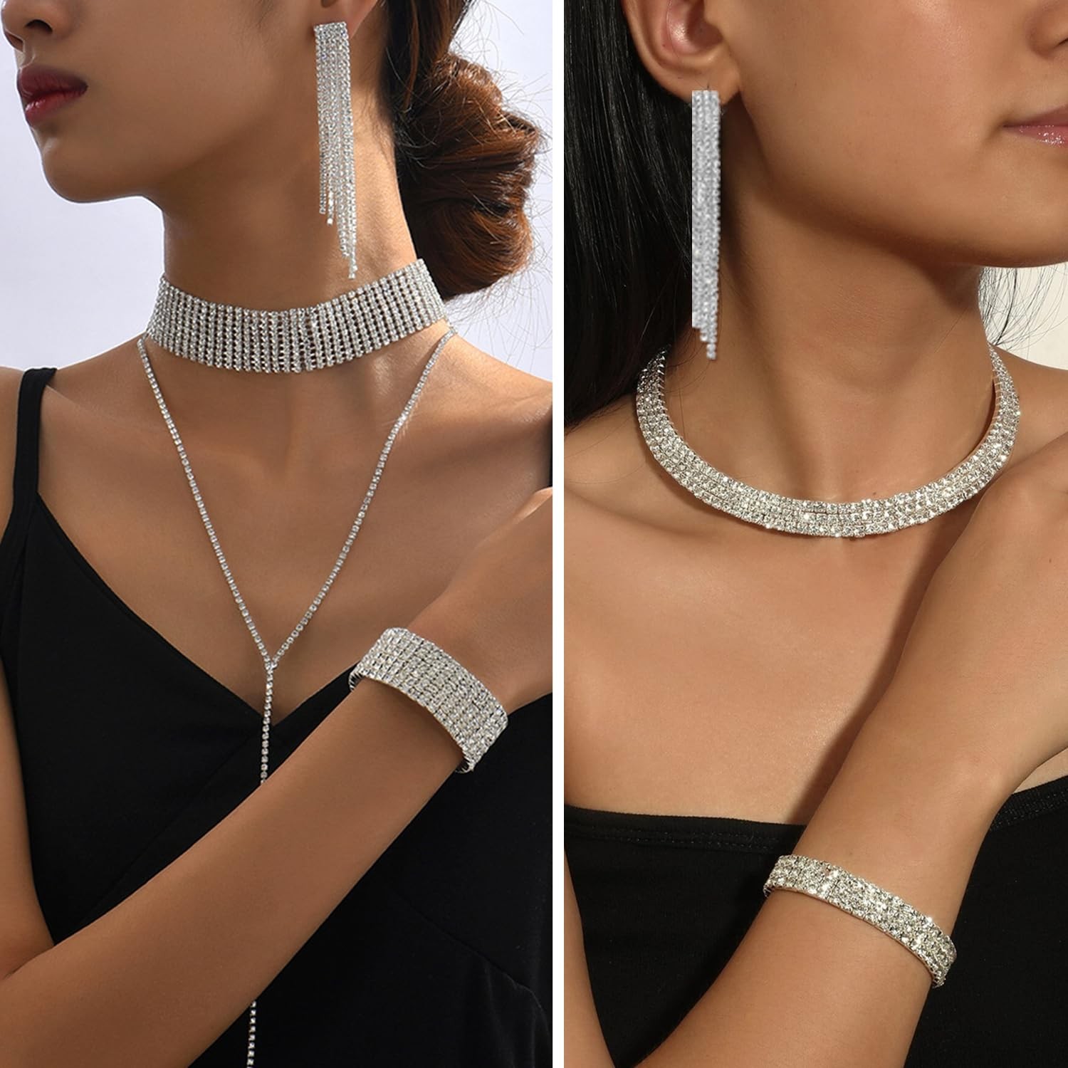 Rhinestone Jewelry Set for Women Wedding Bridal Triangle Bling Clutch Bag Gli…