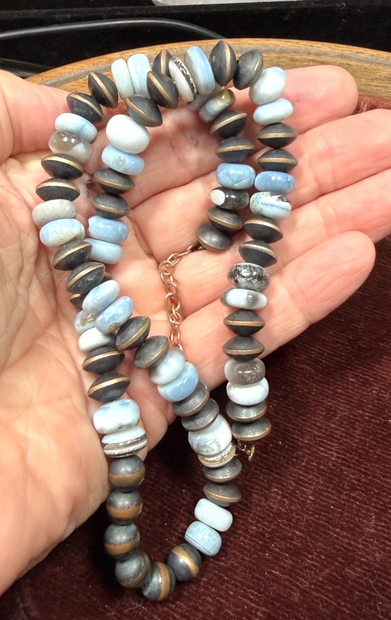 Handmade Southwestern Copper Saucer Pearl Blue Opal Necklace 17-20″ Artisan
