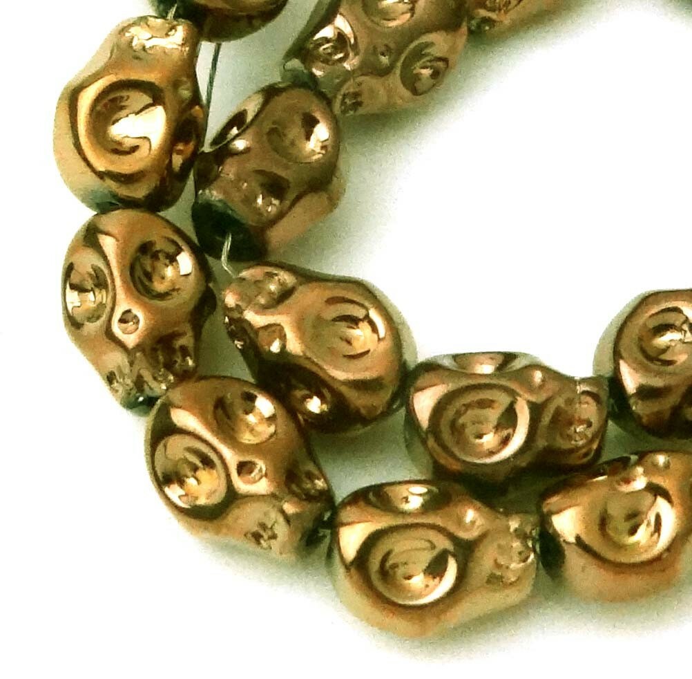 10mm Tiny Glass Metallic Coated Skull Beads Halloween 15pc Antique Gold Brownish
