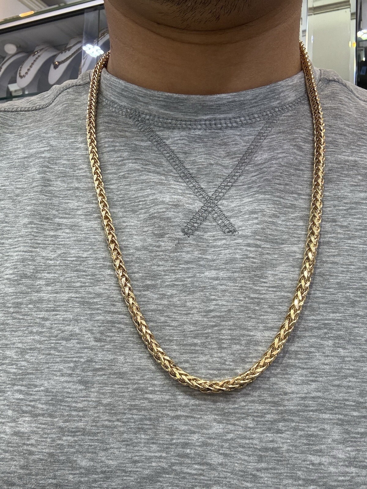 18k Semi Hollow Gold 4.8mm Wheat Chain Spiga Necklace for Men 28 Inch 36.8 Grams