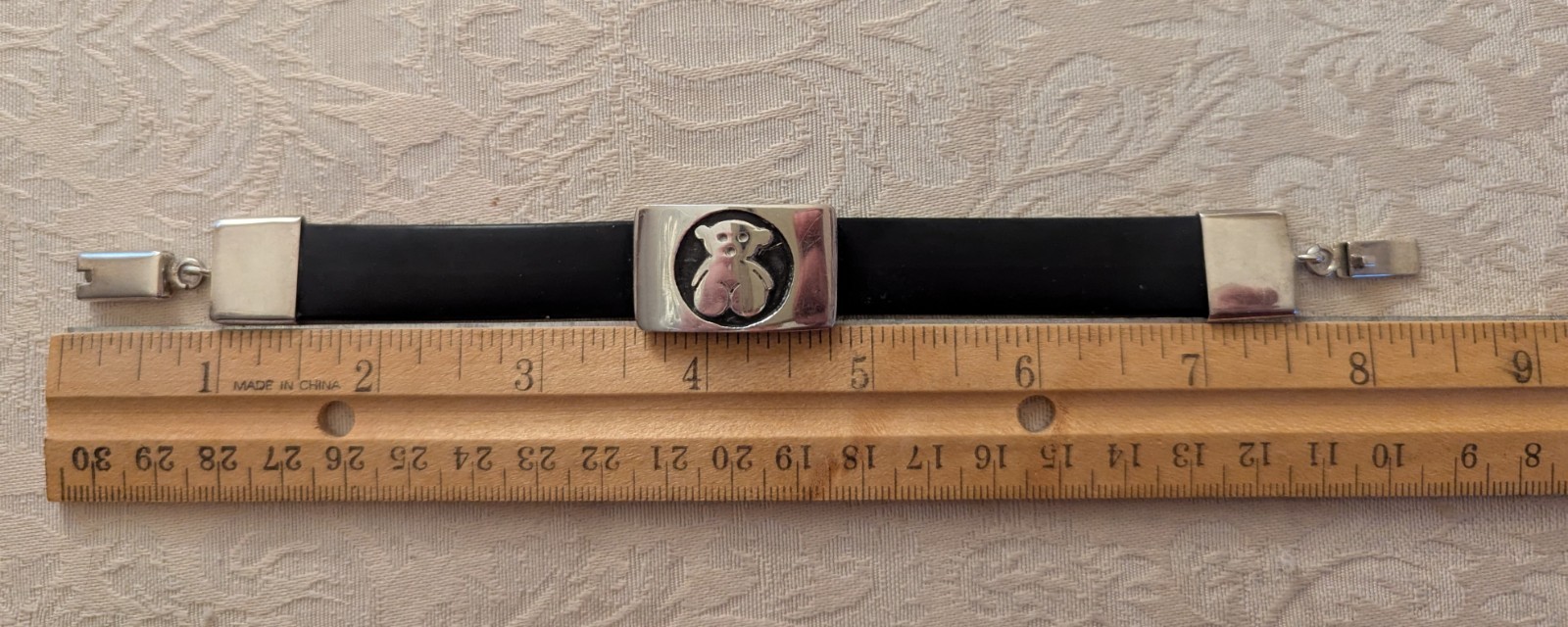 TOUS Sterling Silver 925 Bear Black Rubber Bracelet J. Comes Clasp