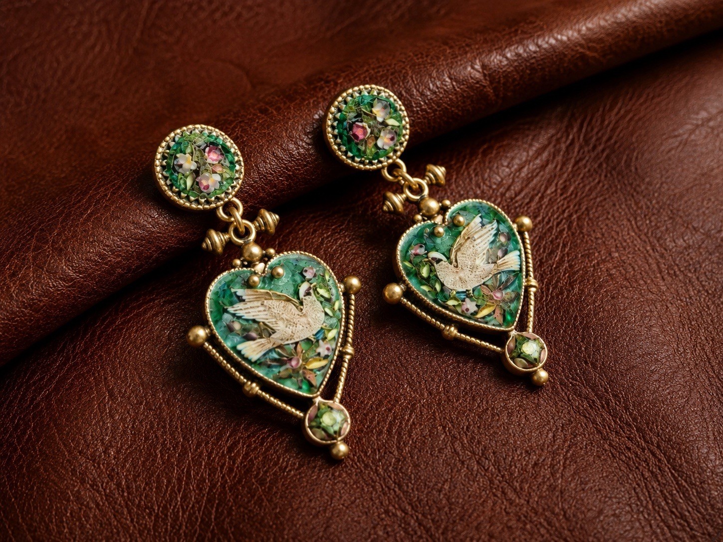 Museum Bird Dove Earrings Heart Ornate Flower VTG Palace Gold Court Love Green
