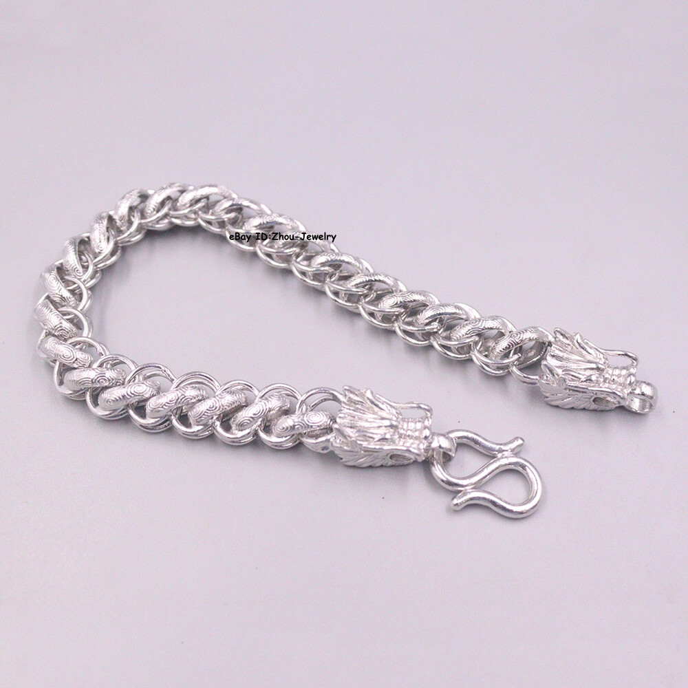 Pure S999 Fine Silver 999 Chain Curb Link Dragon Head Bracelet 34-35g 8.26inch