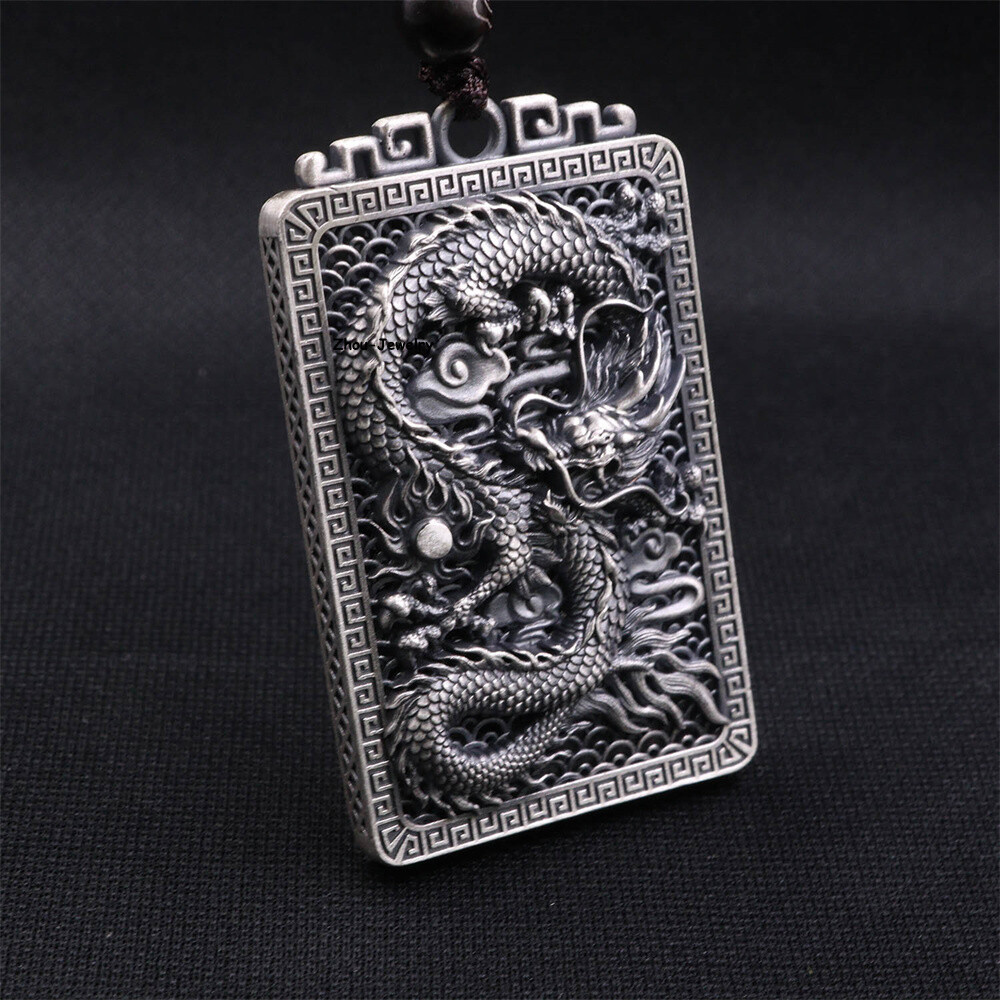 Pure S999 Sterling Silver Pendant Men Women Hollow Dragon Pendant 20-21g 50*31mm