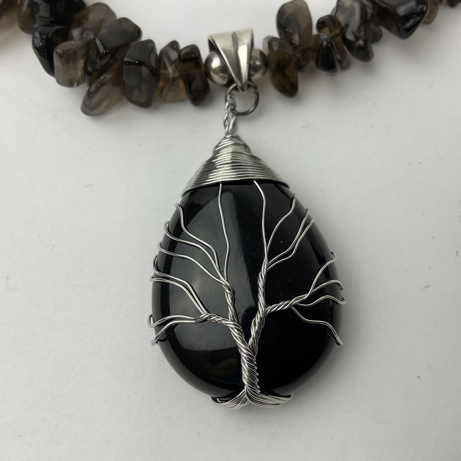 Artisan Obsidian Tree of Life Sterling Wrapped Pendant Smokey Quartz Necklace