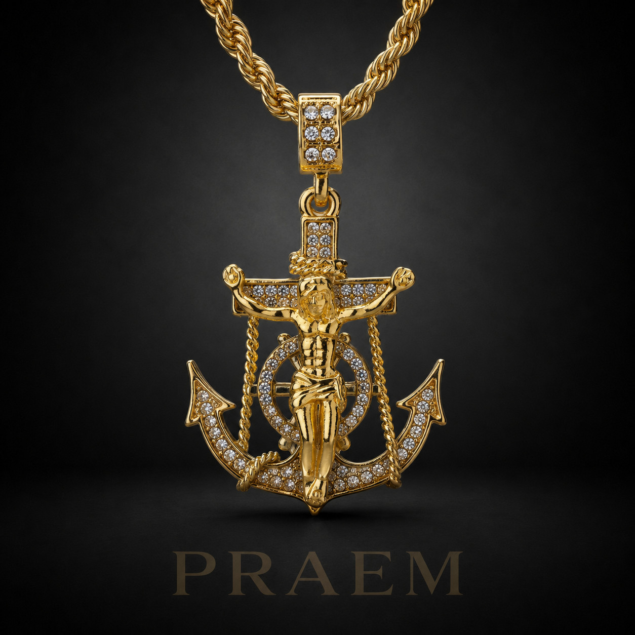 PRAEM Iced CZ Anchor Jesus Cross Pendant 24″ Rope Chain Gold Silver Necklace