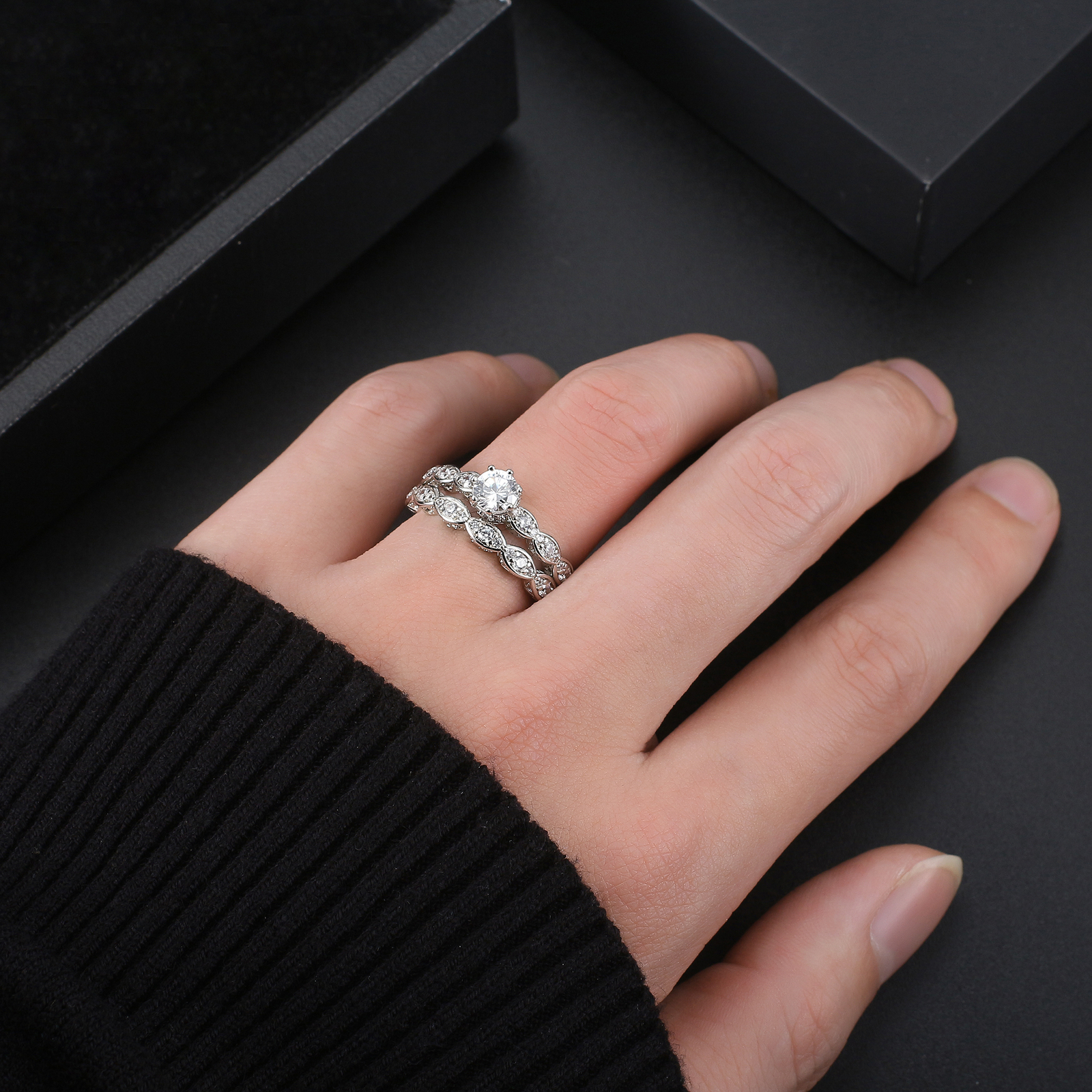 Nickie Wedding Ring Set Engagement Ring Matching Band CZ Womens Ginger Lyne C…