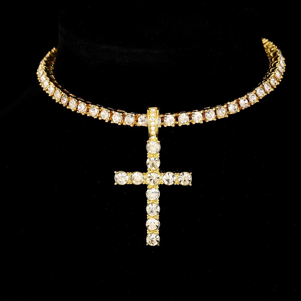 14k Gold Silver Plated Tennis Chain Choker ICED CZ Necklace with Cross Pendant