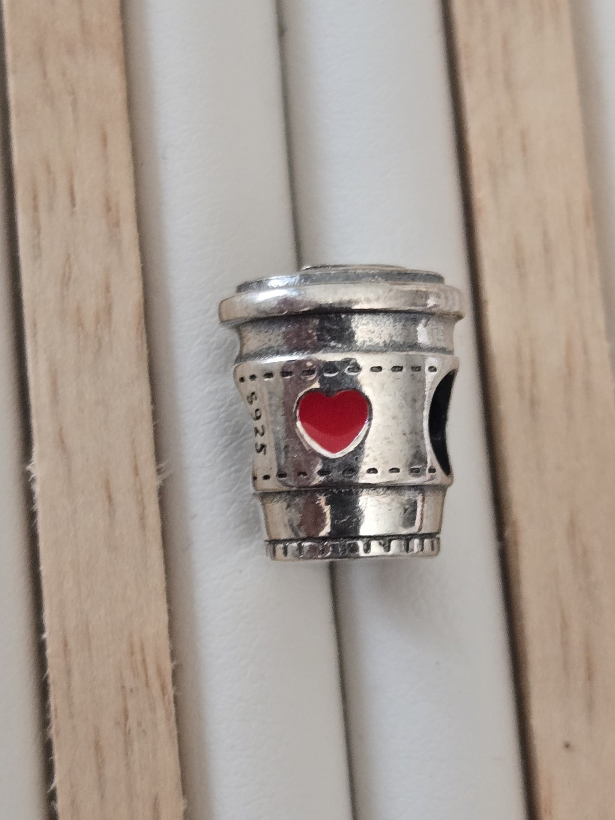 S925 Sterling Silver Coffee Cup Bead Green Enamel Heart Charm