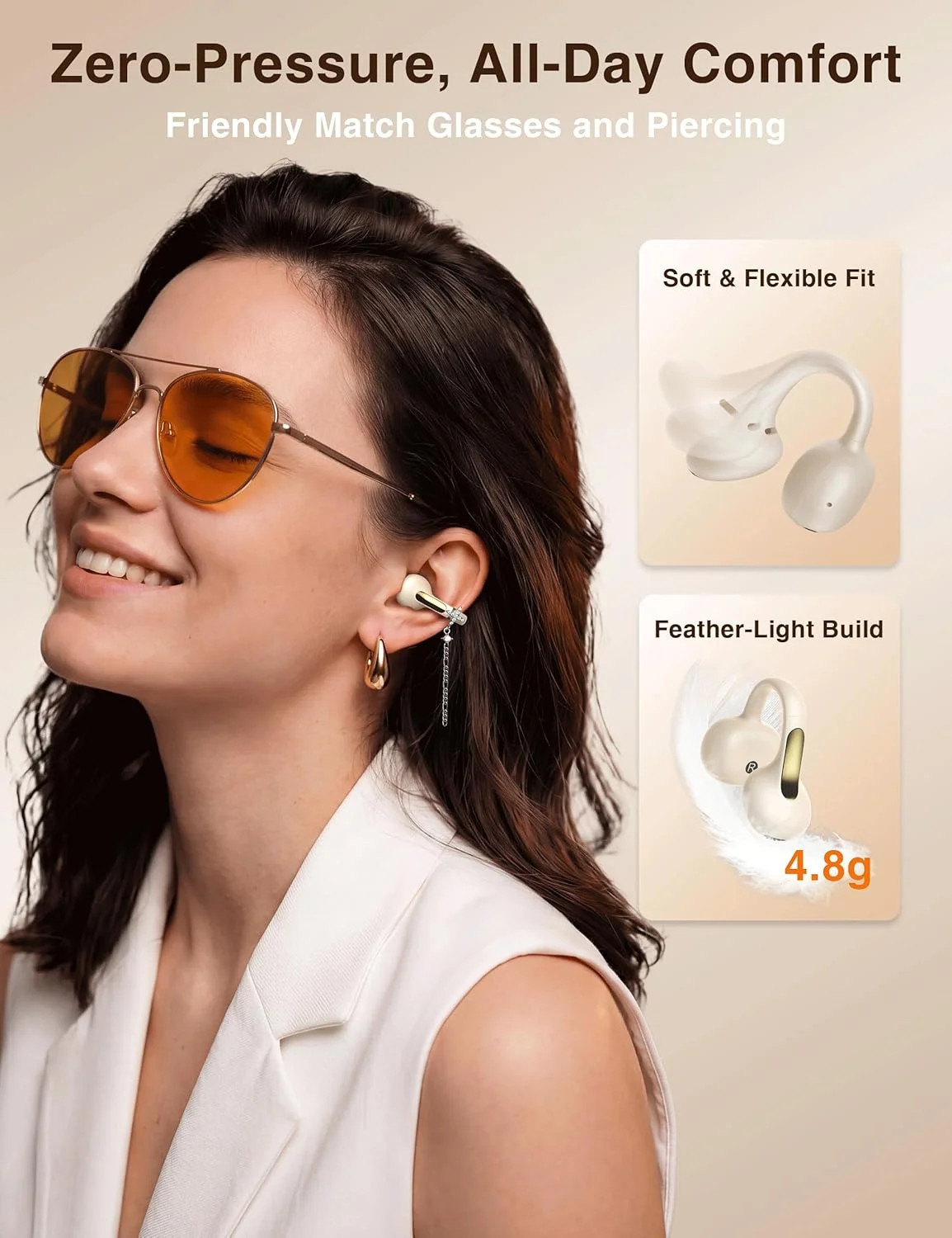 Open Ear Headphones with Dangling Star Jewelry Earrings, Wireless Bluetooth 6.0