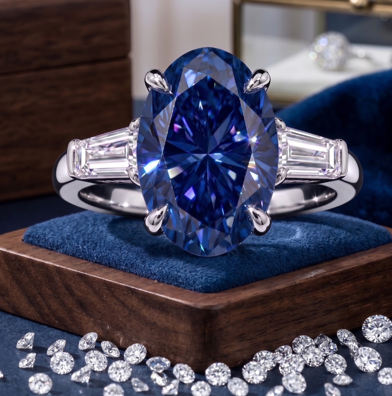 8.00 Ct Certified Oval Shape Blue Natural Diamond Ring VVS1 White Gold Finish