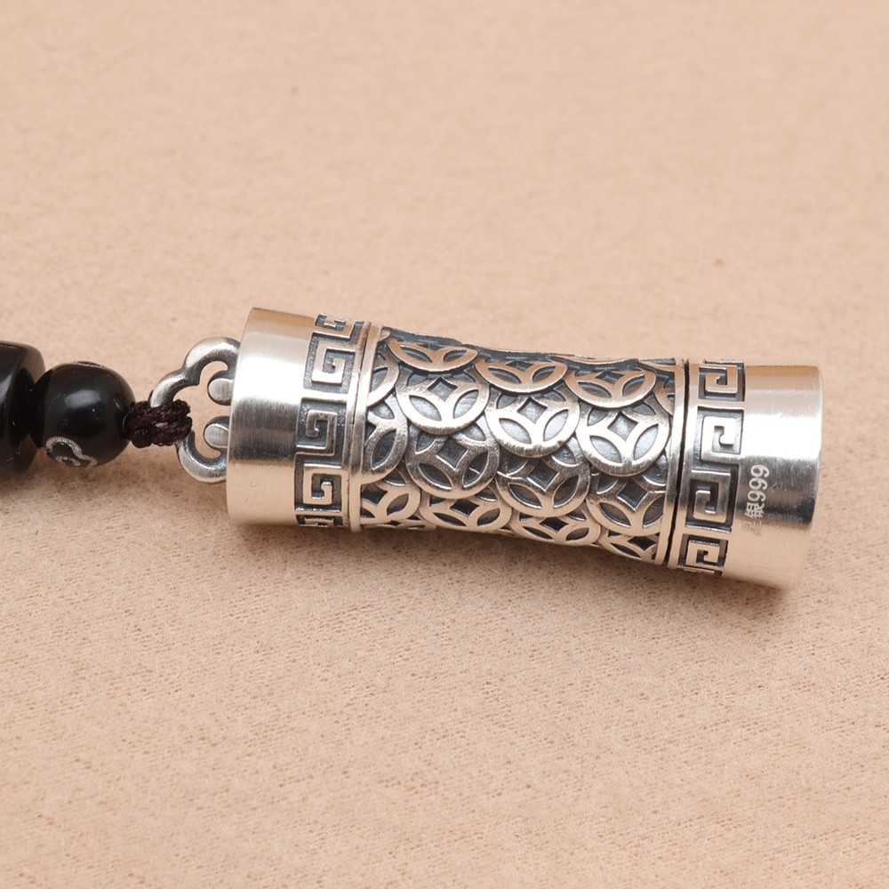 Pure S999 Fine Silver Men Women Engraved Lucky Money Coin Pillar Pendant 19-21g