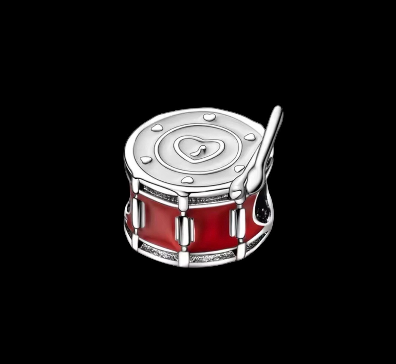 V753 S925 STERLING SILVER BAND INSTRUMENT RED/WHITE DRUM BEAD CHARM