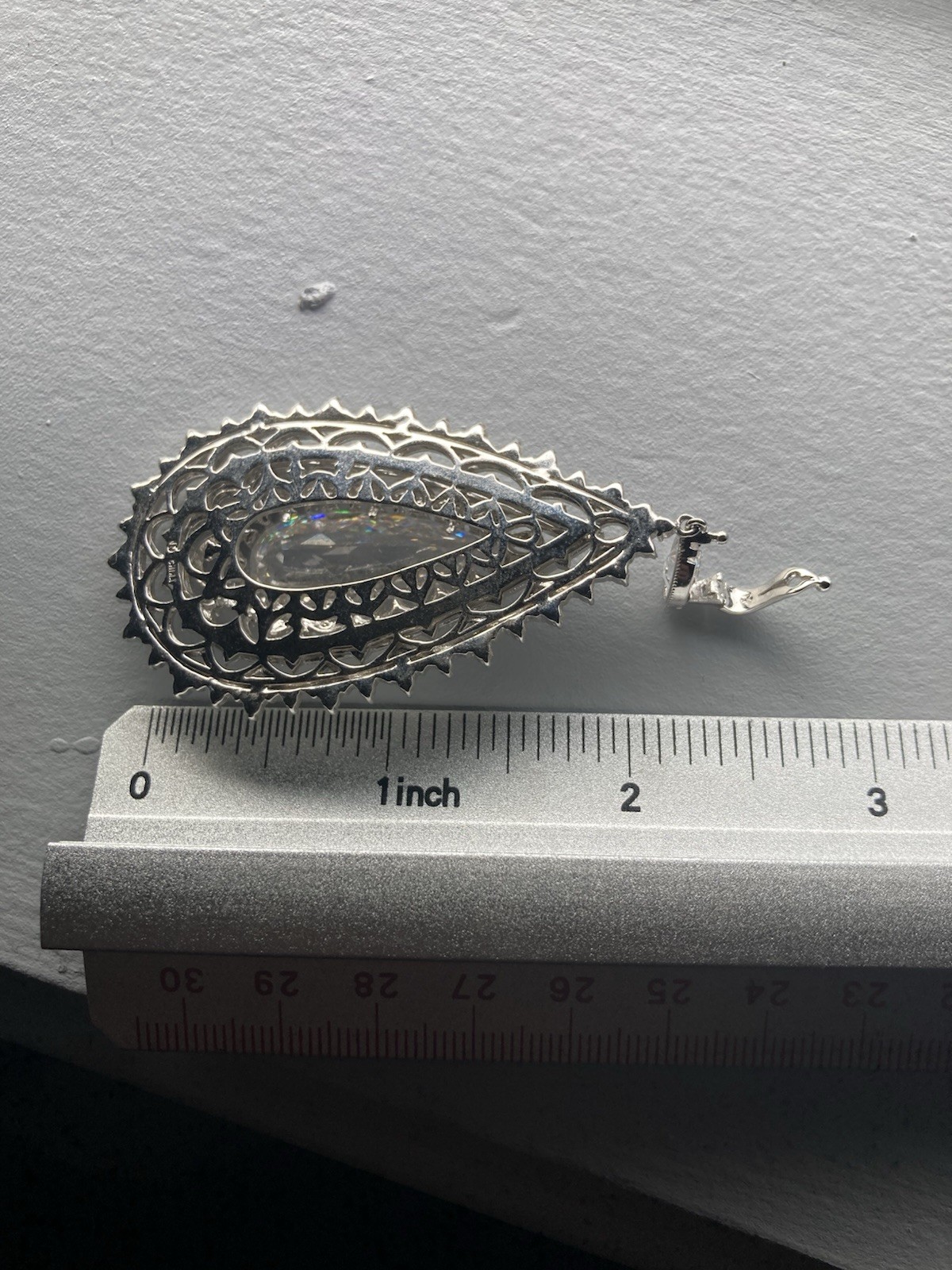 Big, Ornate Wedding Cocktail Party Teardrop Silver Pendant. Gem. Clip Bale.