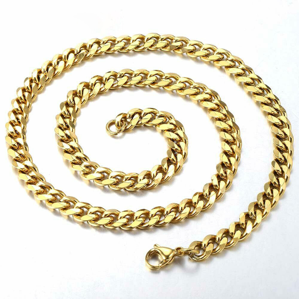 14K Gold Plated Stainless Steel Cuban Curb Chain Necklace Bracelet 3/5/7/9/11mm