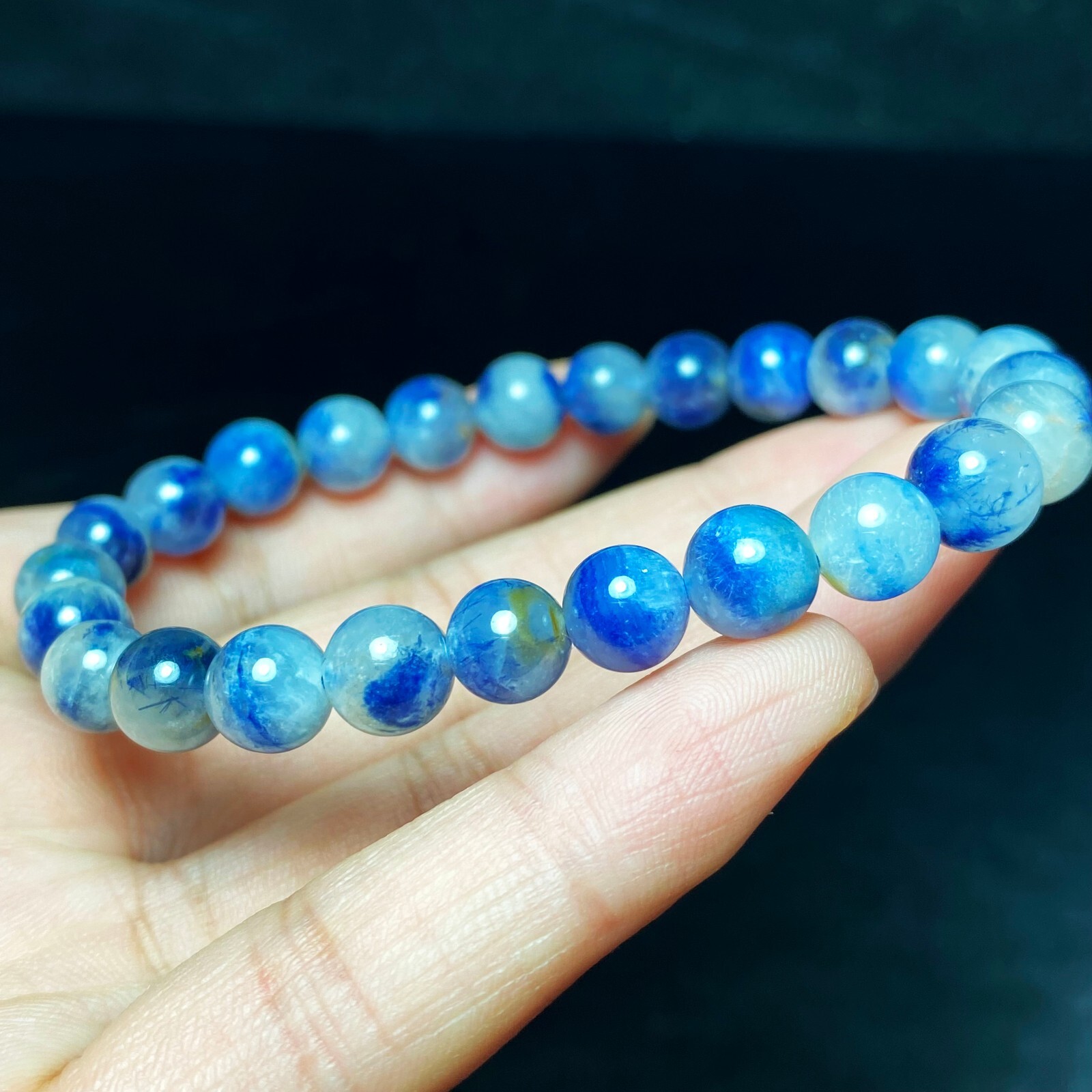 7.6mm Natural Blue Dumortierite Quartz Stretch Crystal Beads Bracelet 1072