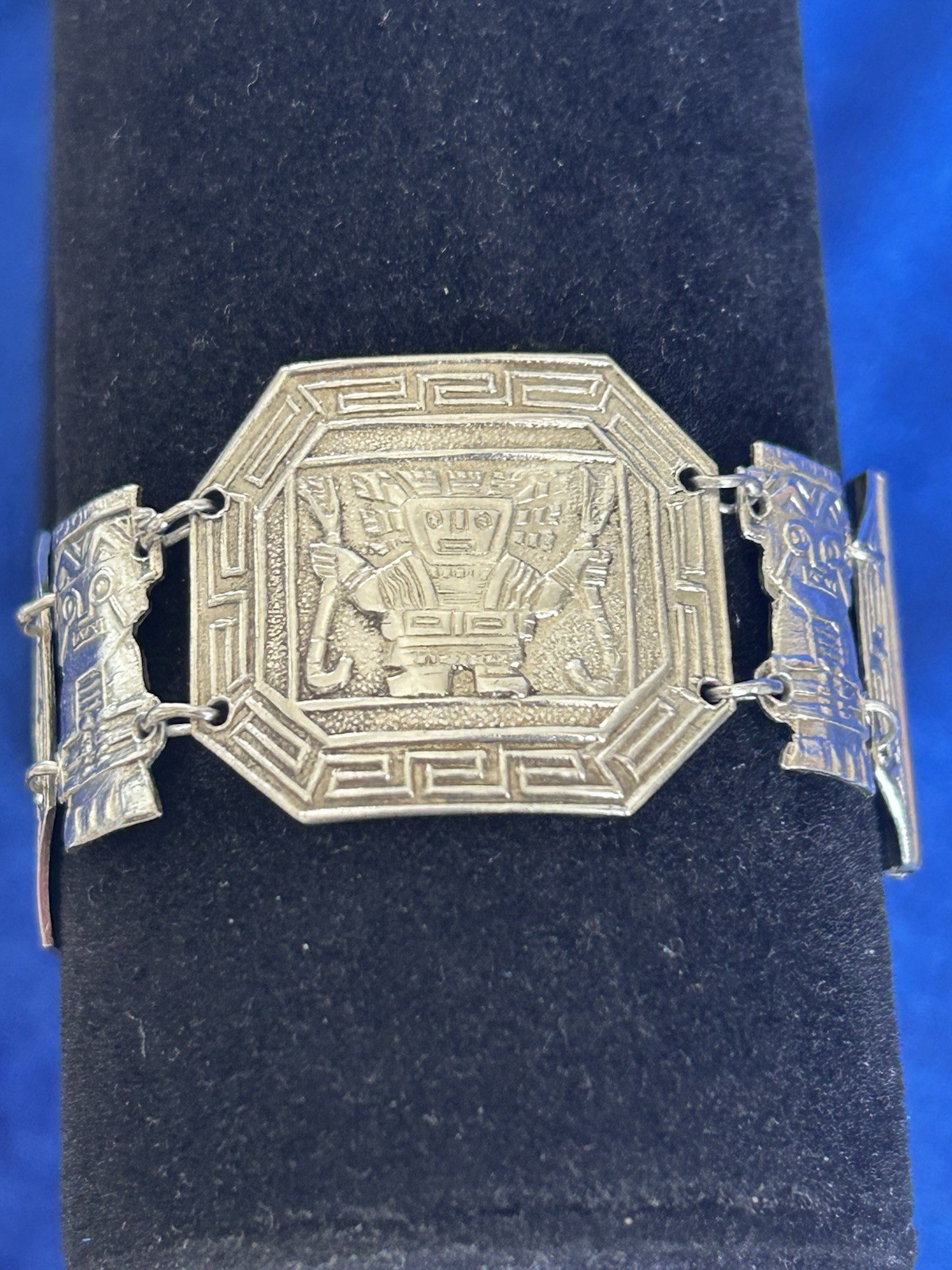 Vintage Estate Sterling Silver Inca Guardians Panel Bracelet Handmade Peru Old