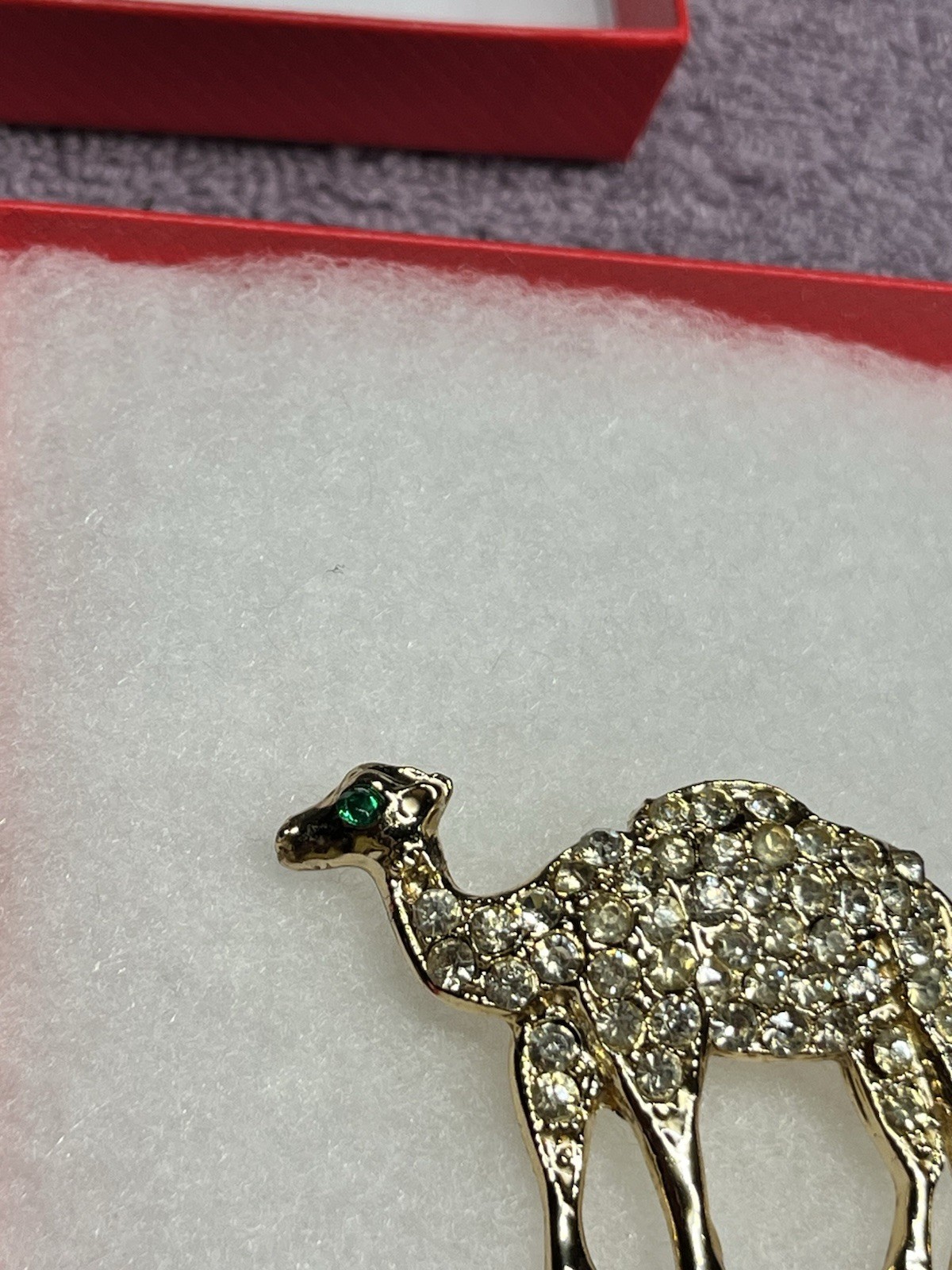 Vintage Gold Tone Camel Brooch/Pin with Clear Rhinestones & Green Rhinestone Eye