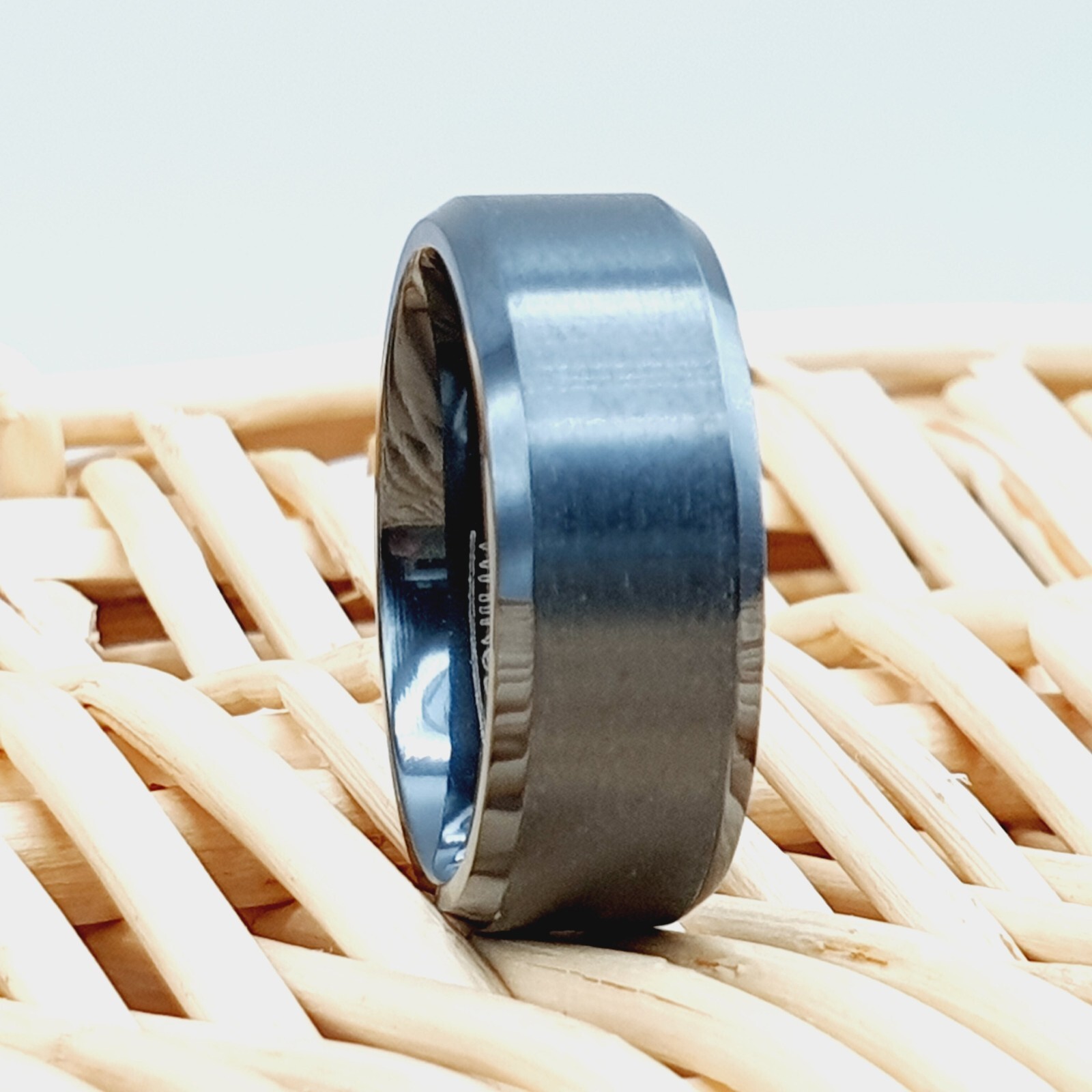 Men’s Black Zirconium Wedding Band – Flat High Polished Beveled Ring