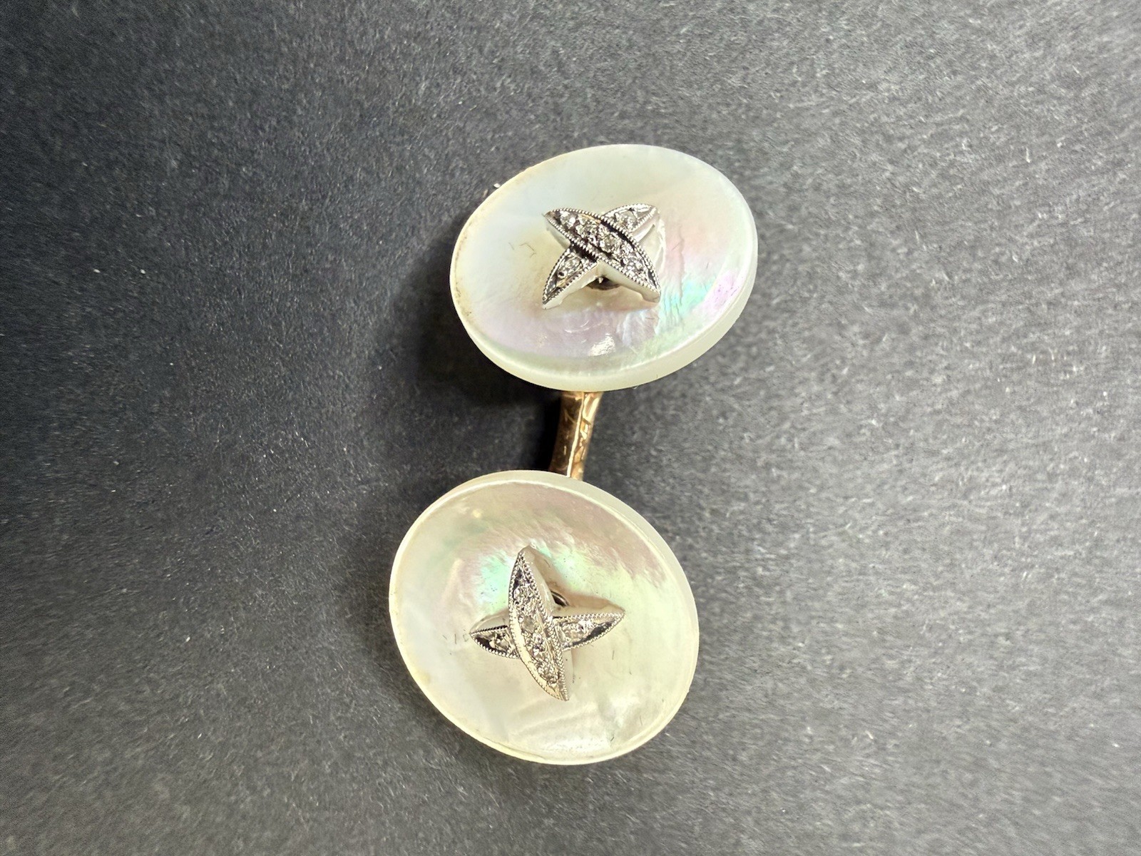 Rare Larter Mother Of Pearl Diamond Cufflinks With 14 kt Gold Link