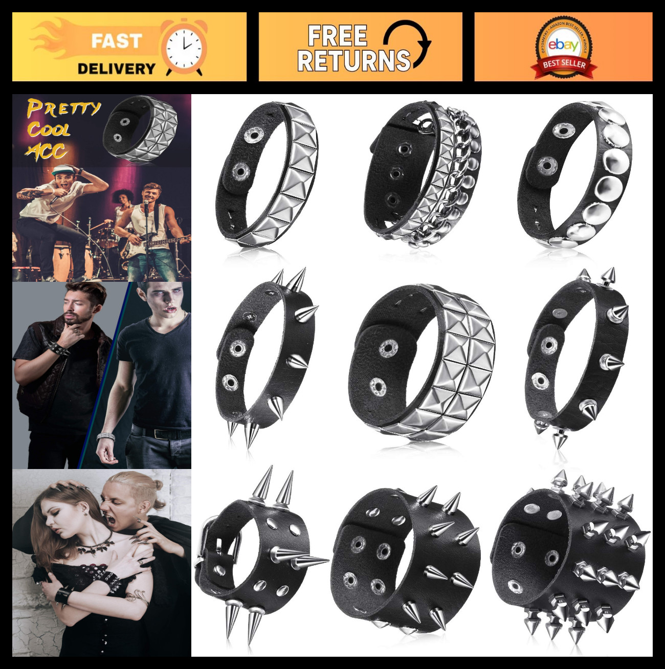 9 Pcs Spiked Studded Leather Bracelets – Emo Punk Rivet Cuff Wristbands for Conc
