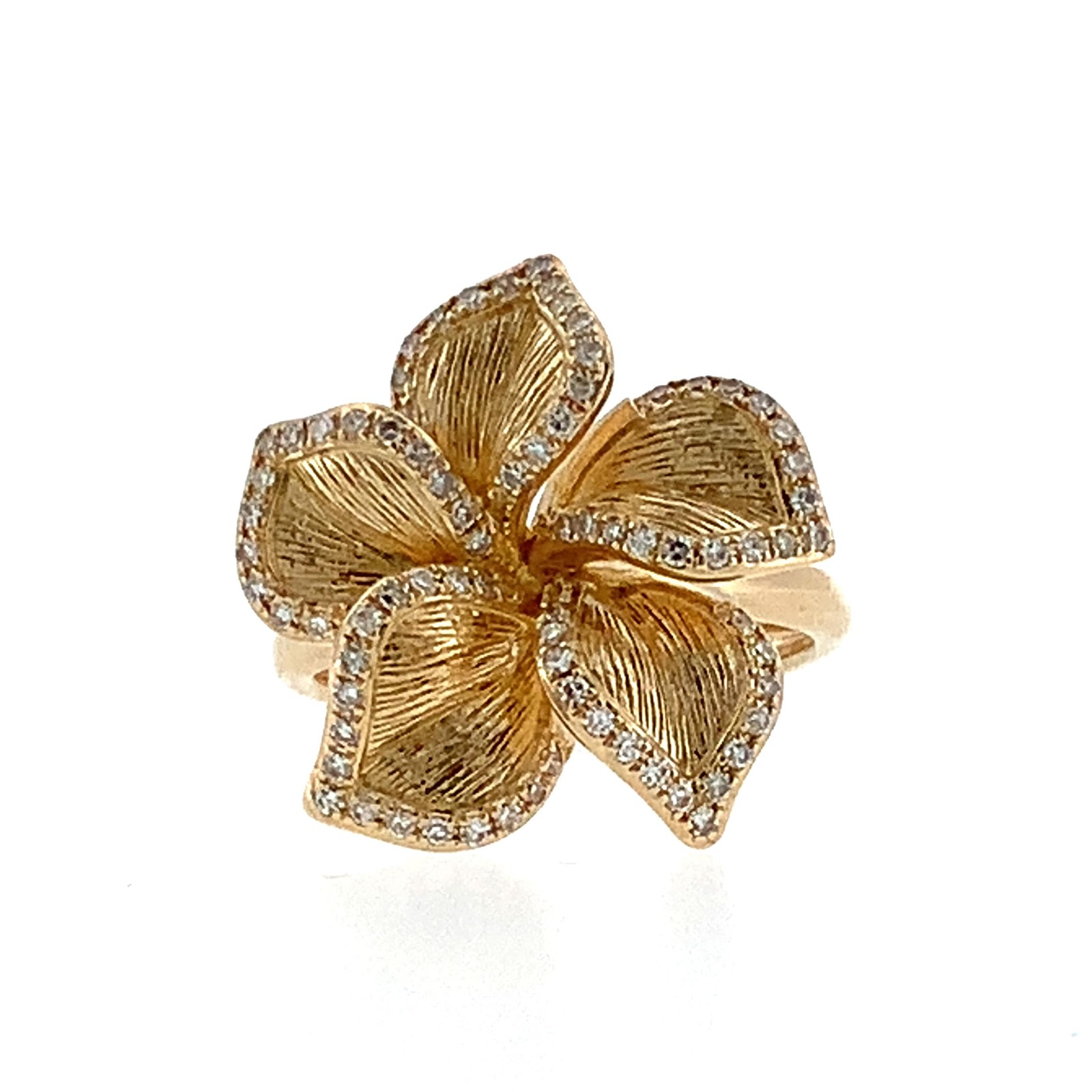 EFFY 14K Gold Pave Round Diamond Accent 5-Petals Ribbed Flower Statement Ring