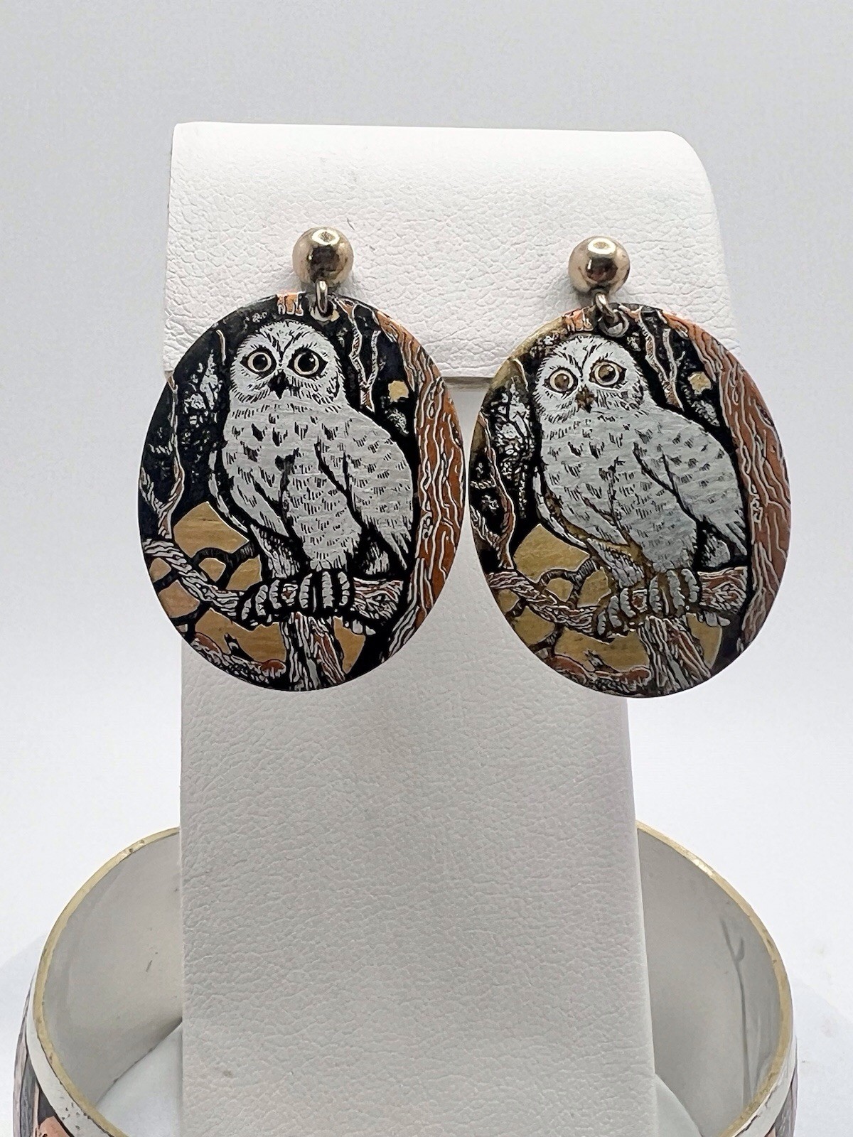 Vintage OWL Spooky REED & BARTON Damascene Cuff Bracelet Dangle Earrings Set