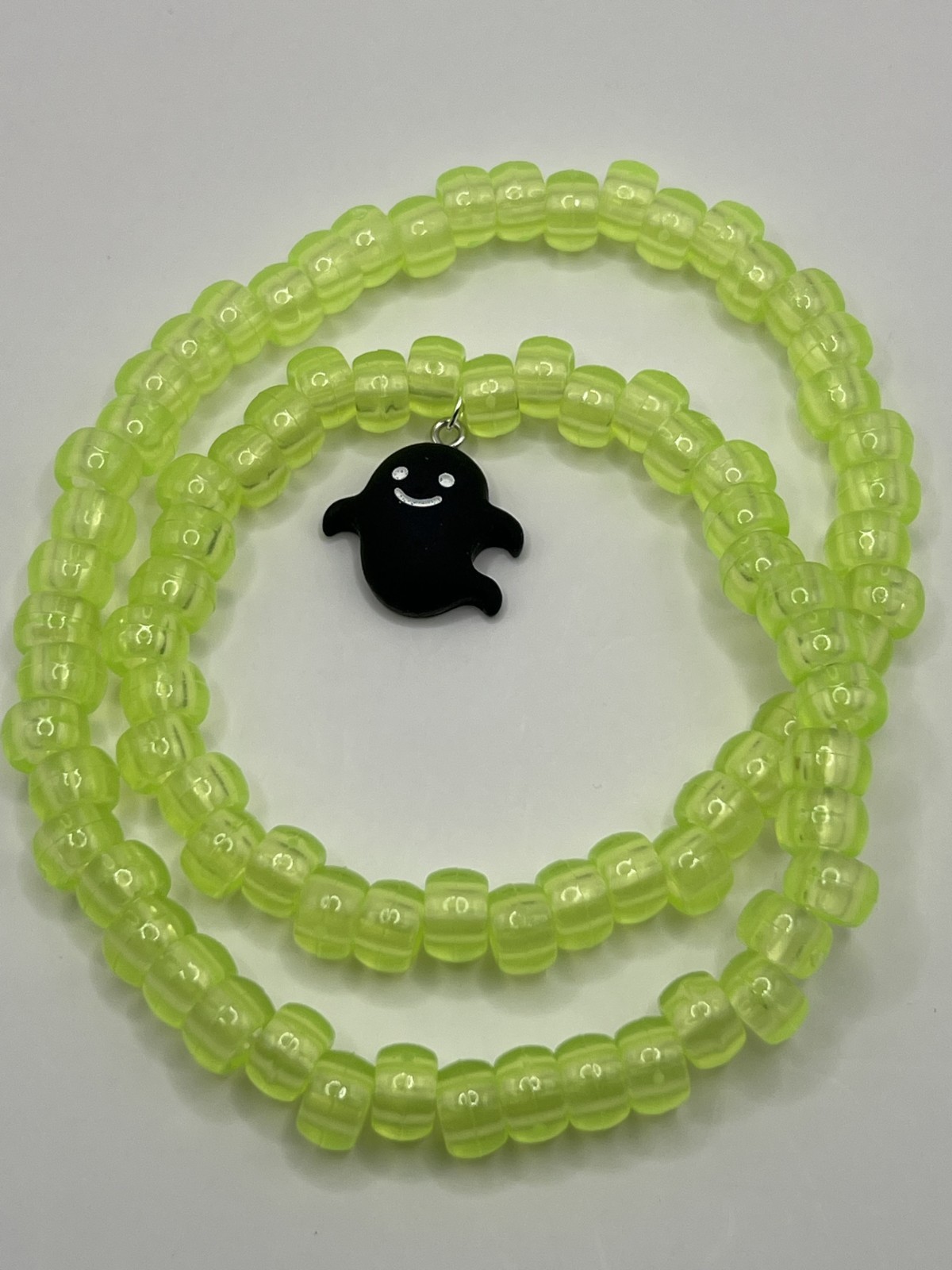 Handmade Glow in the Dark Lime Green Beaded Black Ghost Stretch Necklace