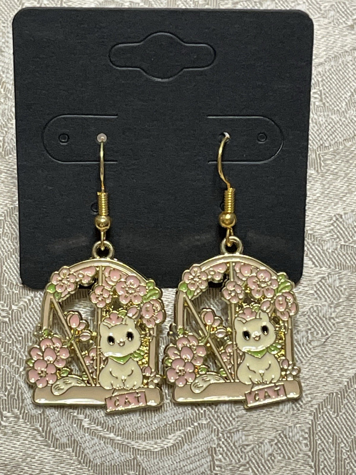 Vintage Cat Floral Whimsical Statement Gold Dangle Boho Casual Fun Earrings