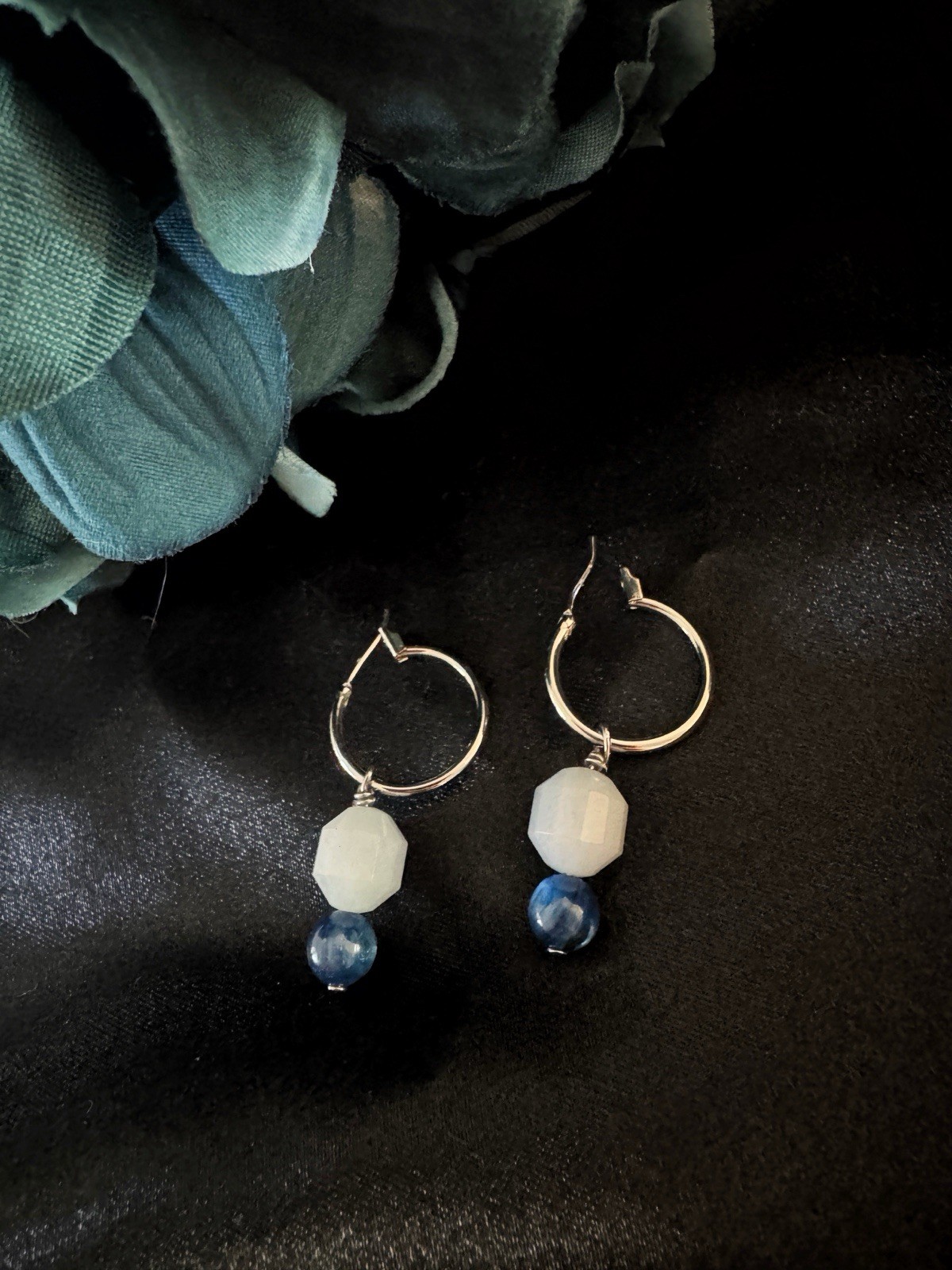 Handmade Kyanite Aquamarine Earrings – Rhodium Plated Brass Hoops