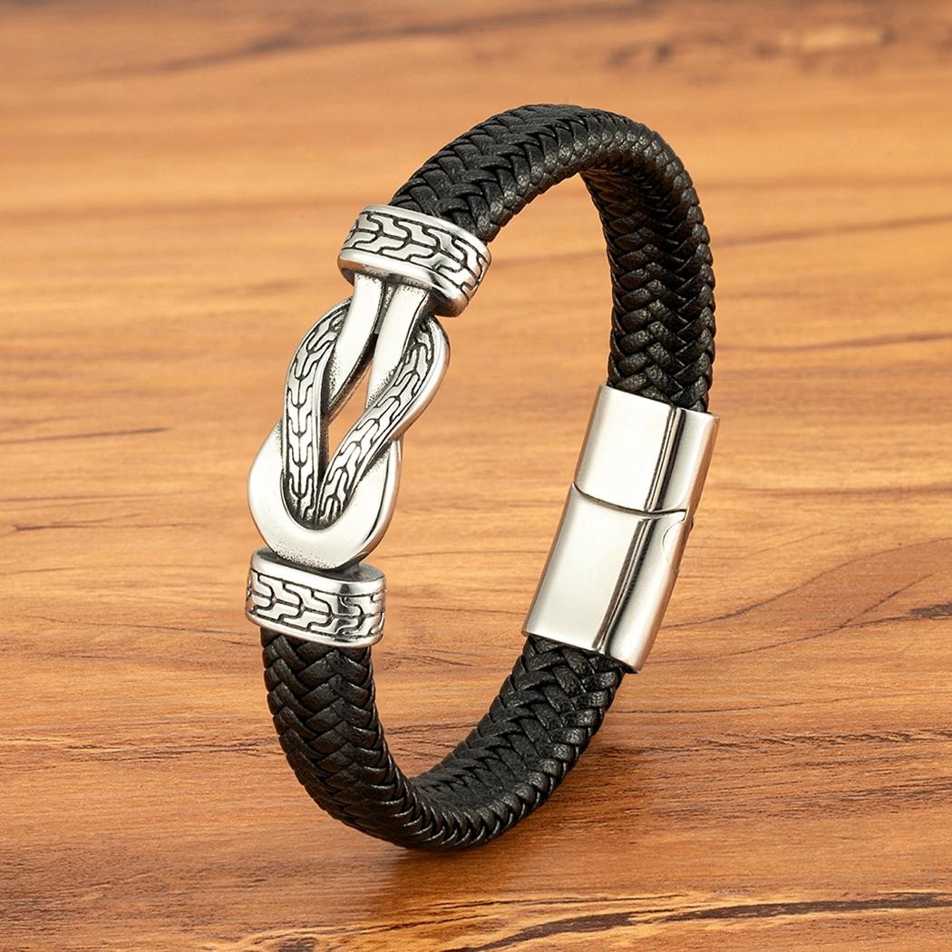 Men’s Stainless Steel Braided Leather Bracelet Black/Brown Magnetic Clasp Rope