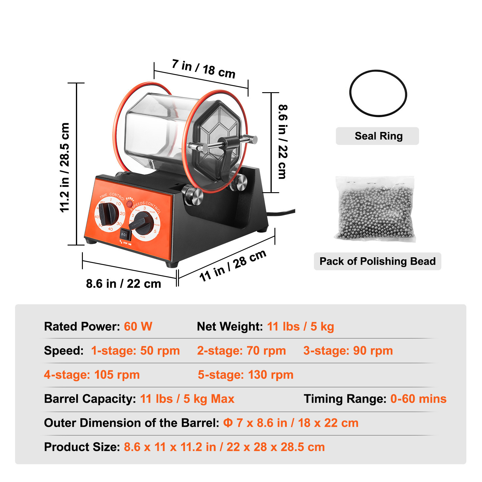 VEVOR 5kg Rotary Tumbler Surface Polisher Jewelry Polish Finish Machine Gem DIY