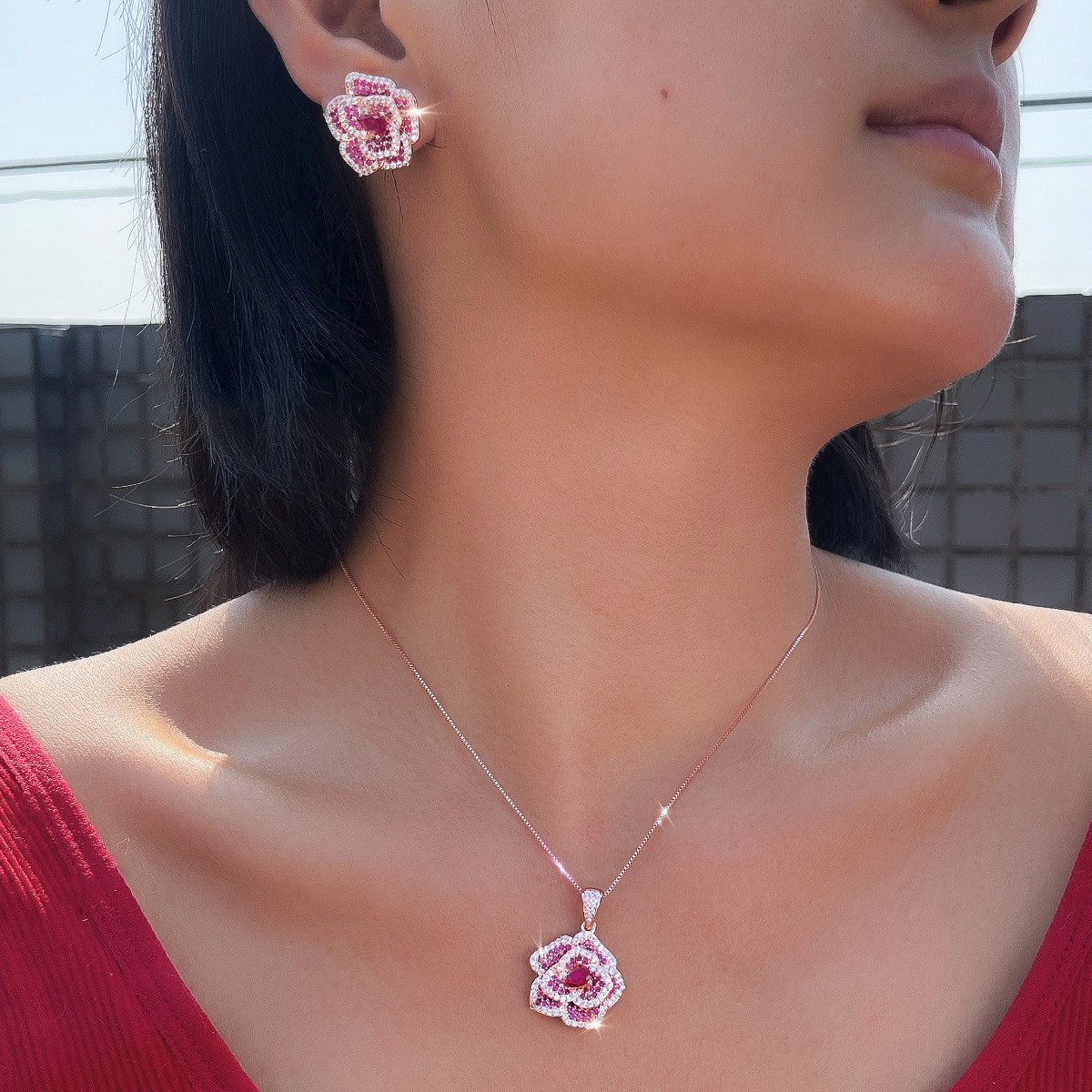 Rose Gold Plated Rose Red Flower Earring and Pendant Necklace Zircon Jewelry Set