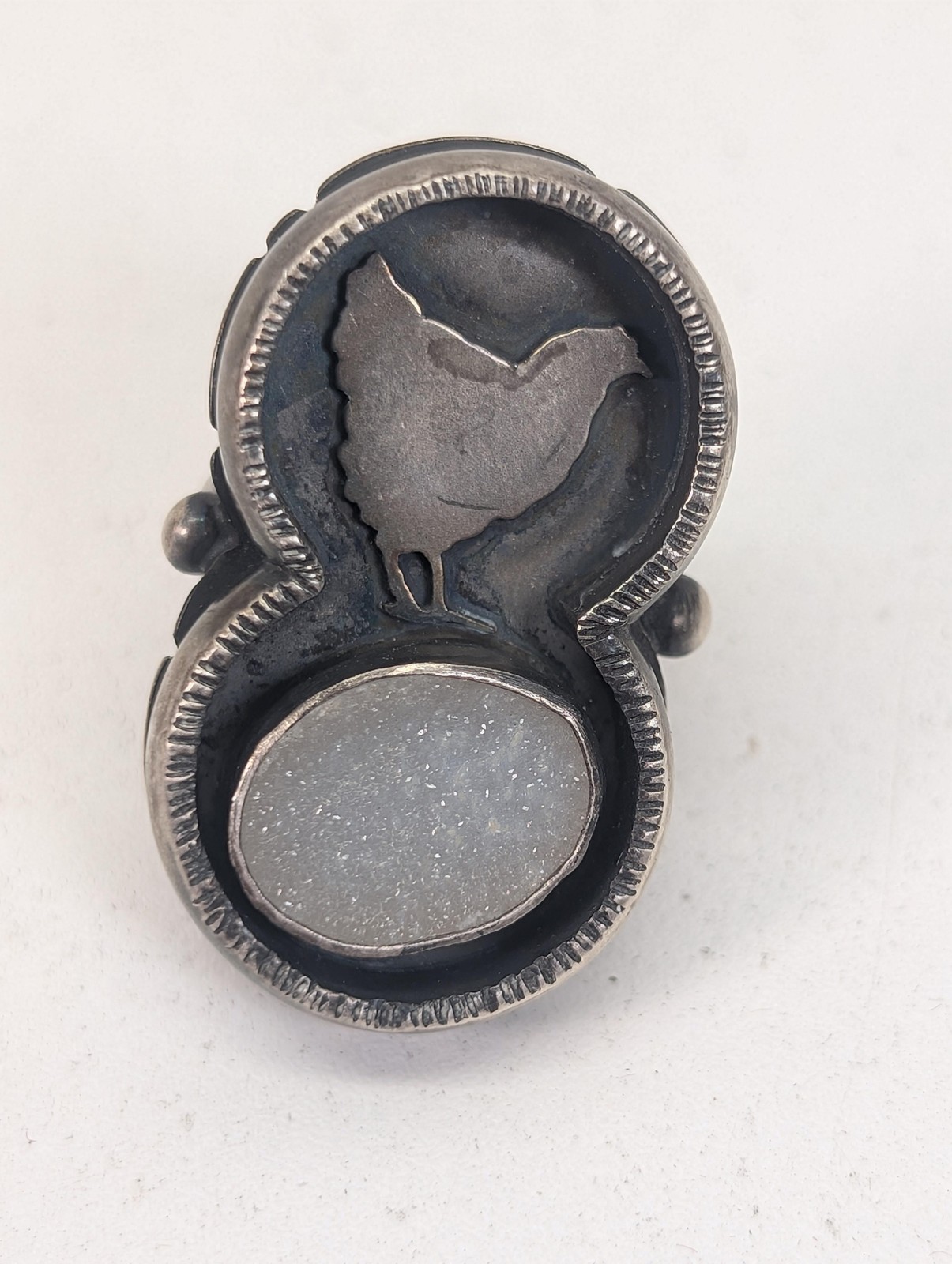 Rosy Revolver Chicken Ring Drusy Quartz Oval Silver Tone Statement Size 6.5