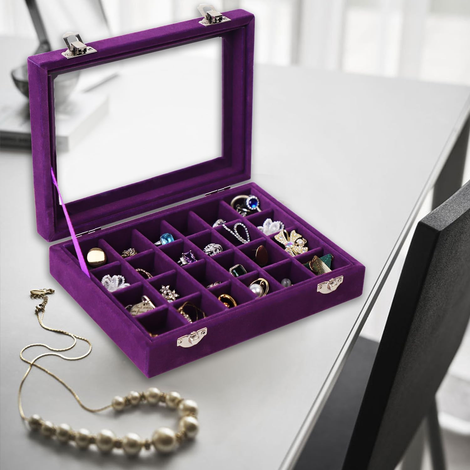 Velvet Jewelry Box 24 Grid Jewelry Earrings Display Organiser Box Ring Tray Hold
