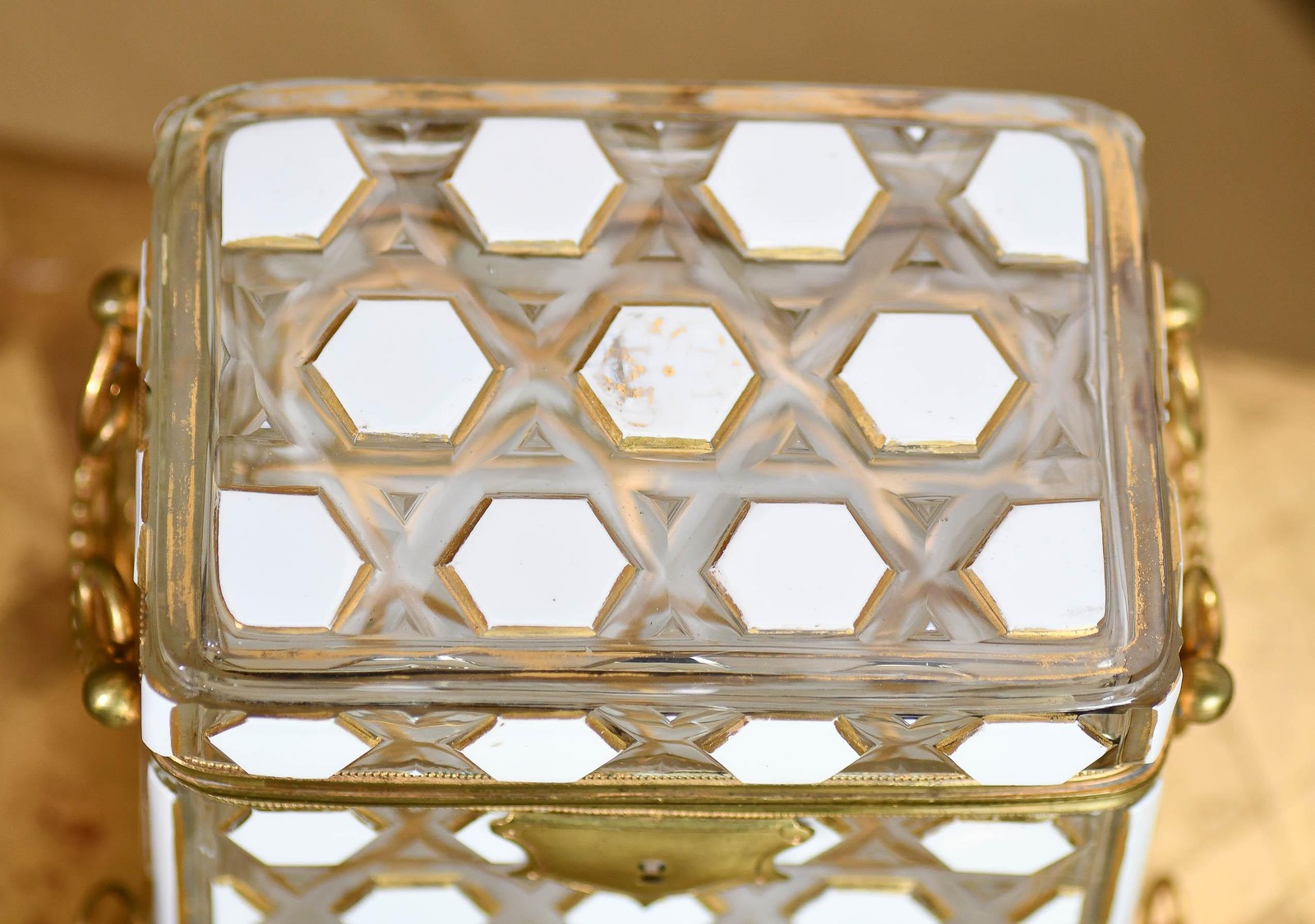 European Glass Box with White Hexagon Design and Bronze Hardware