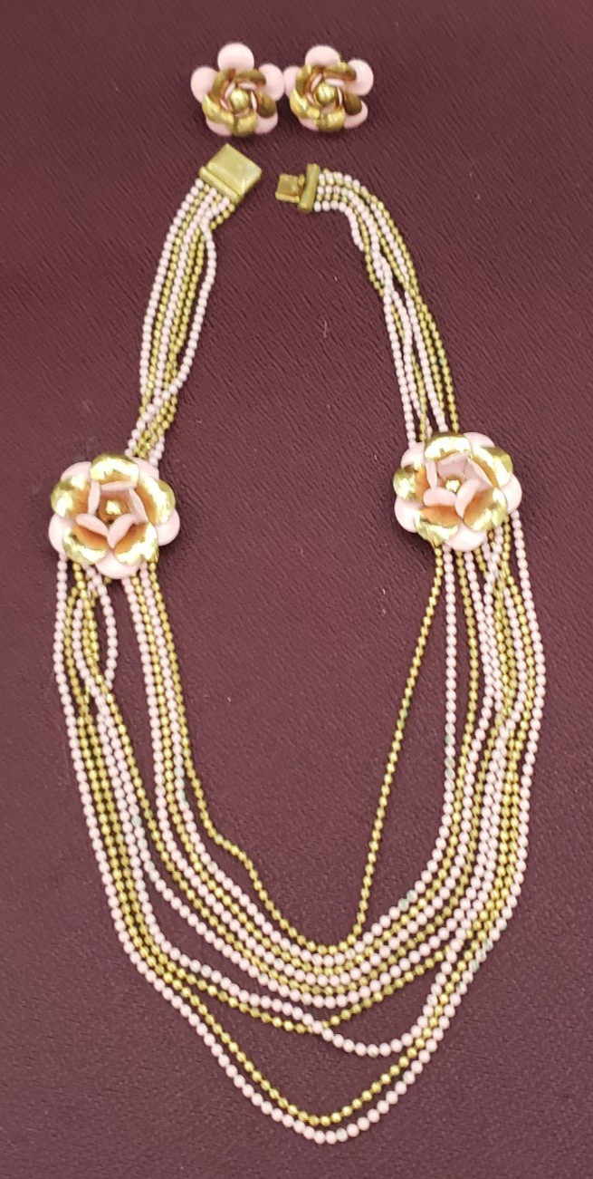 Art Deco Brass Ball Chain Pink Flower Multi Strand Draped Necklace 1930’s 1940s