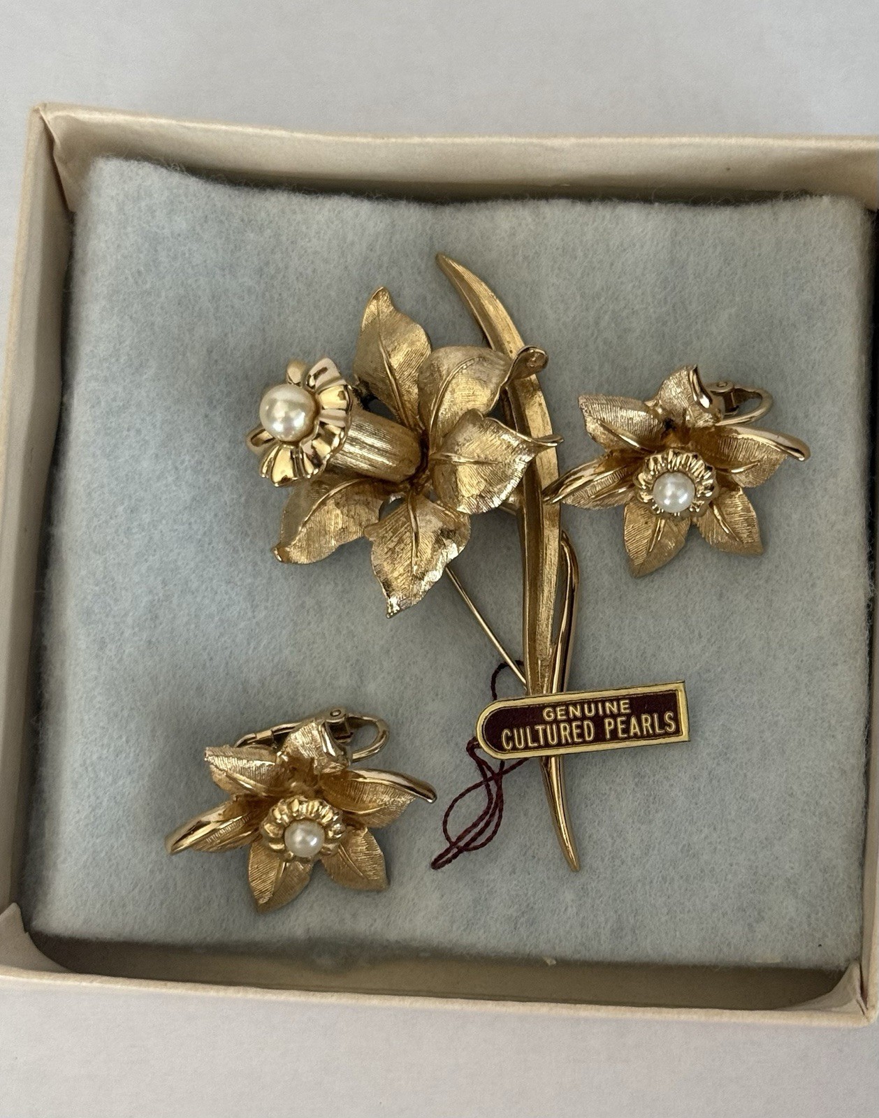 Vintage 1964 Marcel Boucher Jonquil Daffodil Brooch Earring Set Box Tags 8692