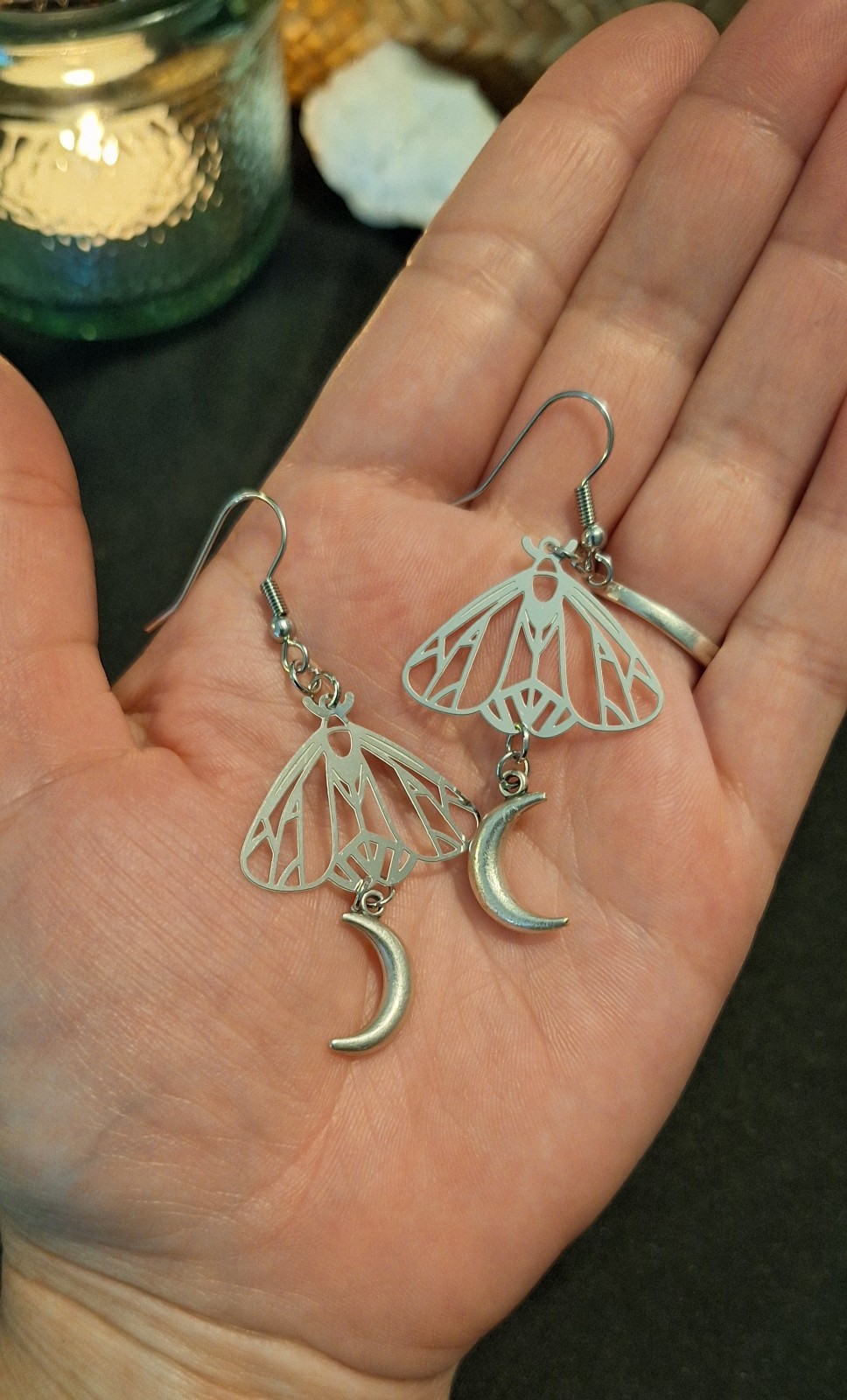 silver crescent moon moth earrings || handmade