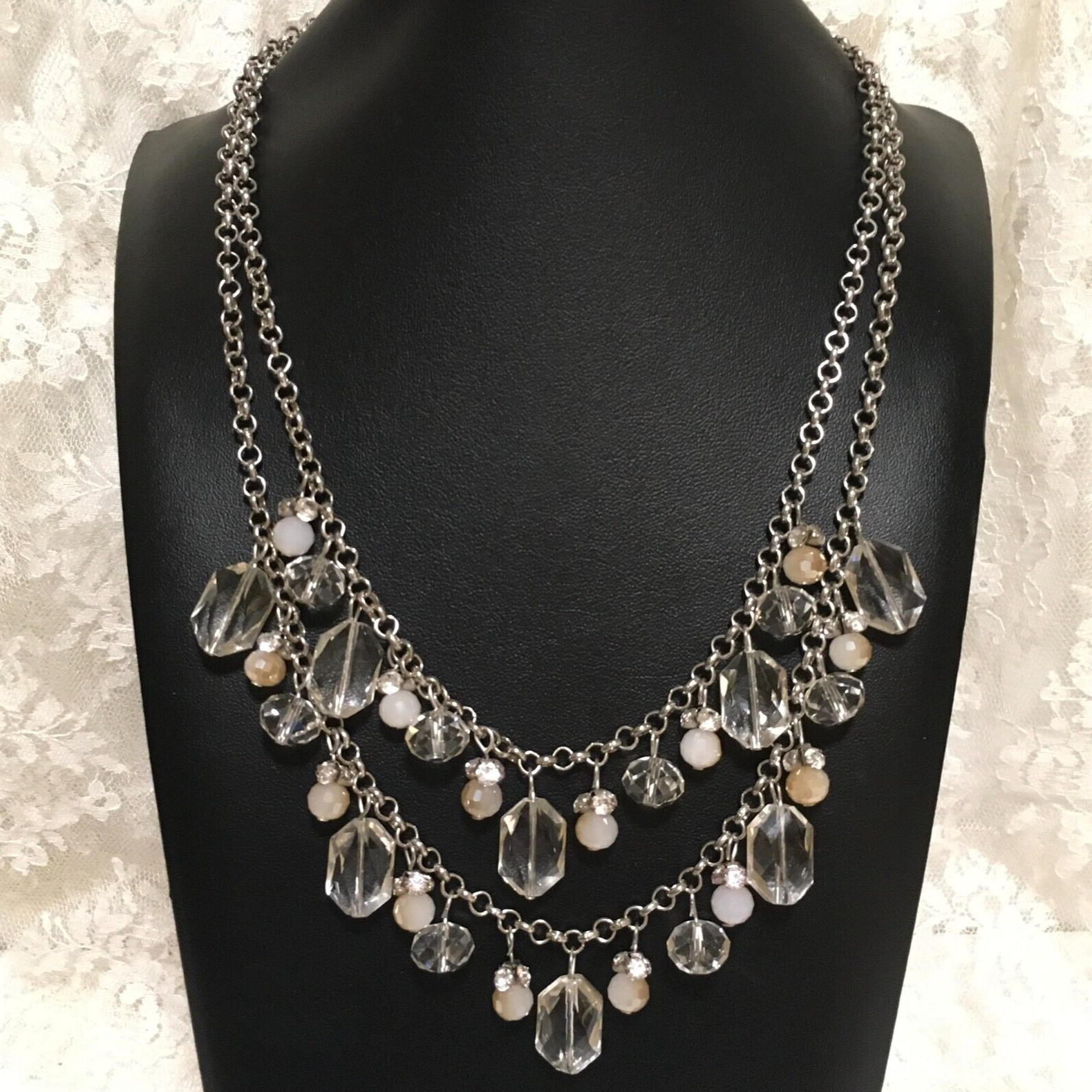 Simply Vera Glass Bead Dangle Necklace Double Strand Statement White Beige Tones