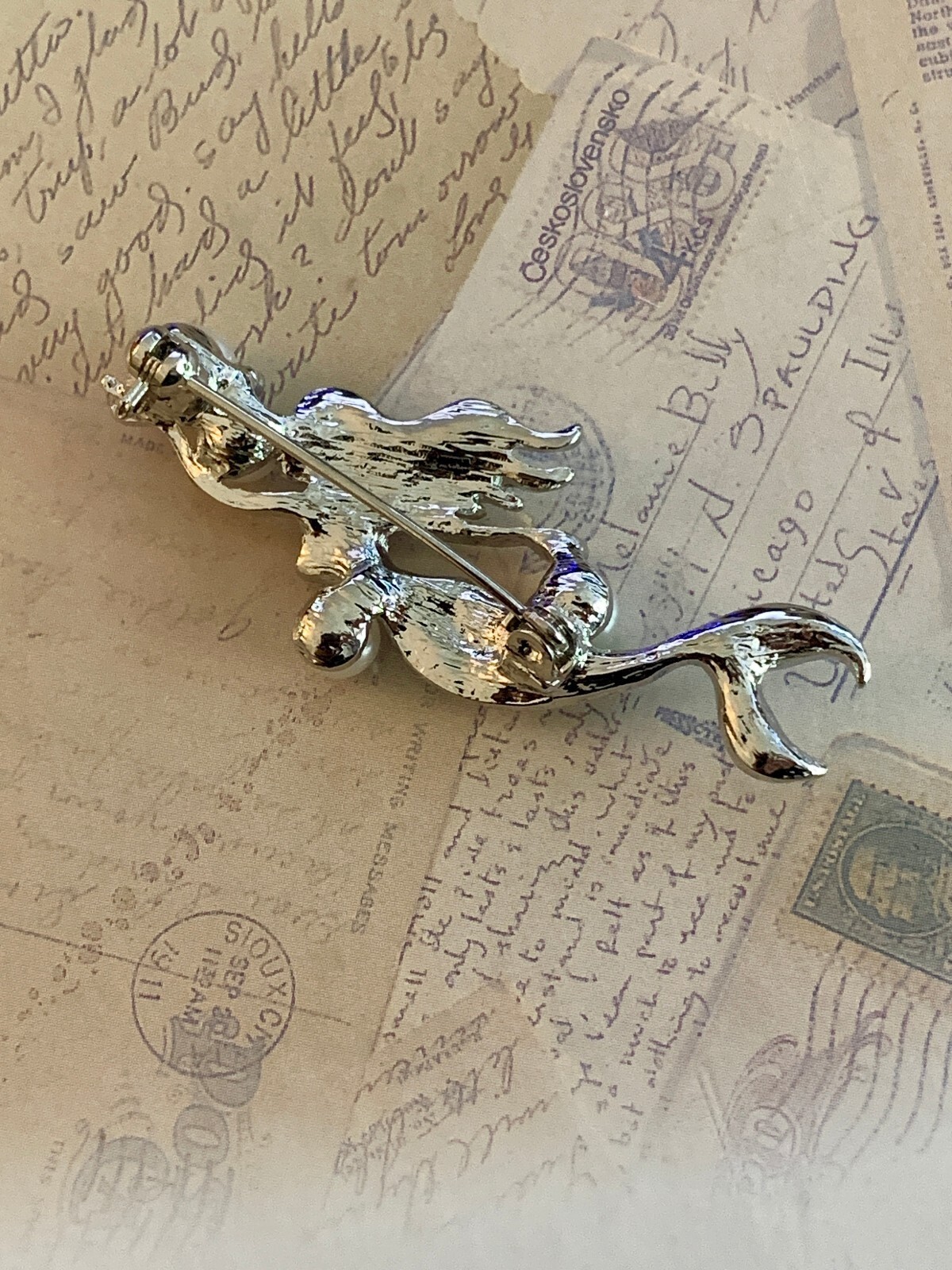 Rhinestone Mermaid Brooch Faux Pearl Nautical Accent Mythical Sea Siren Pin