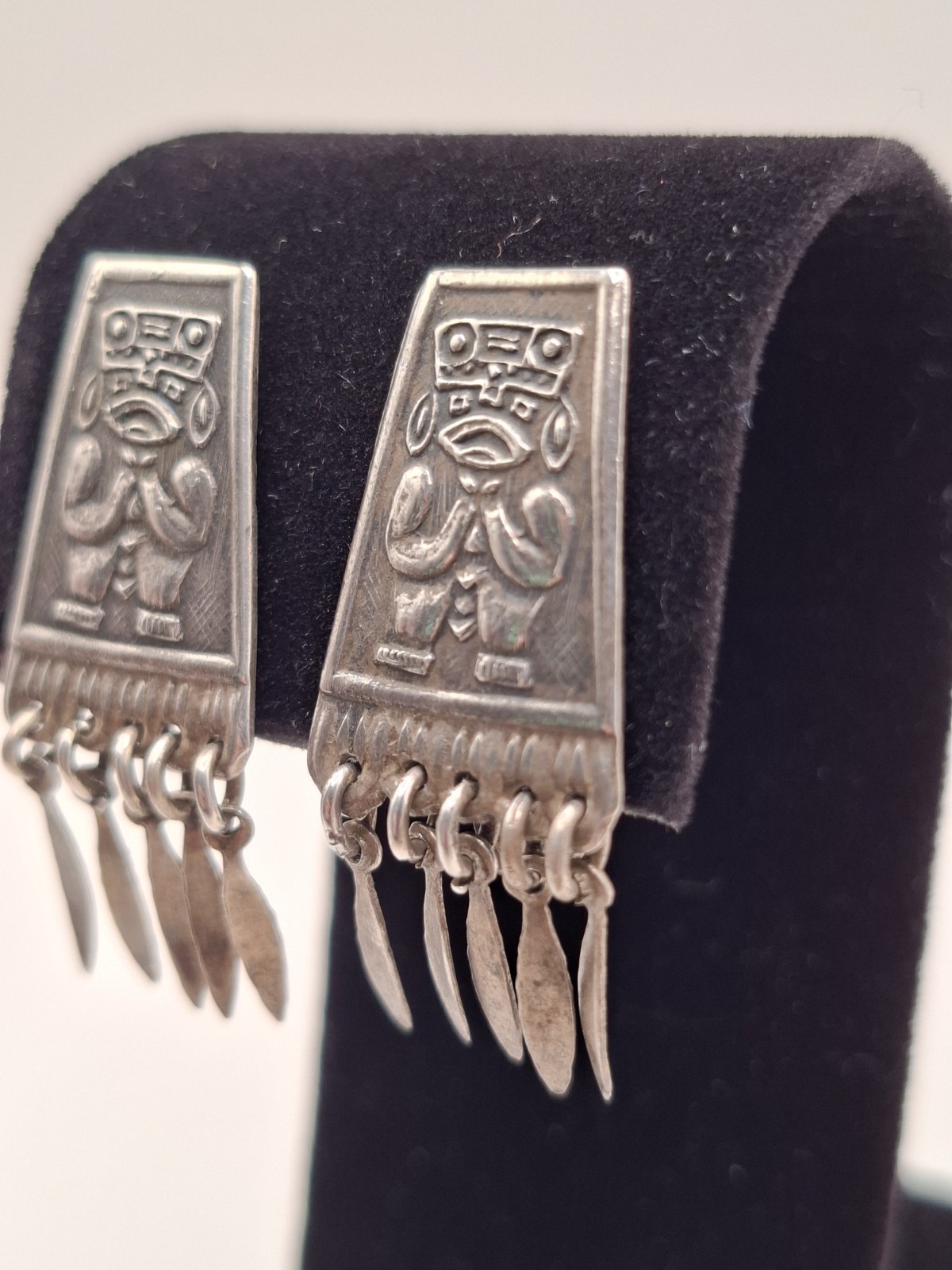 Vintage Silver Peruvian Tumi Screw Back Earrings 900 Silver Dangle Fringe