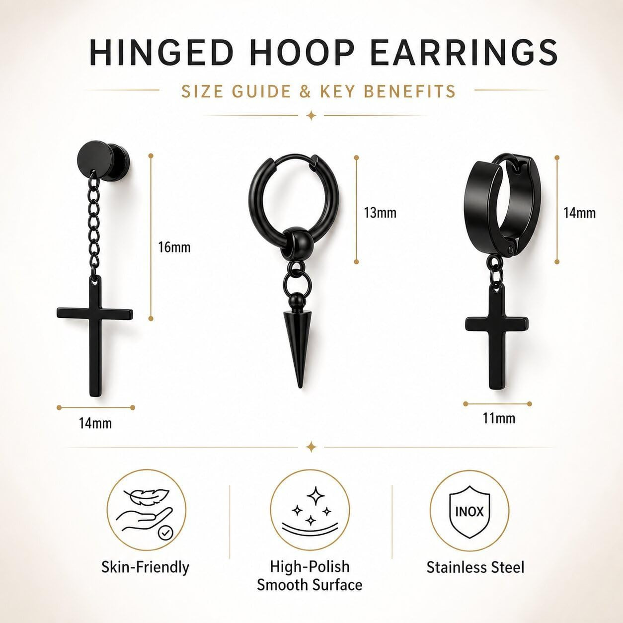 16 Pairs Men Earrings Set -Stainless Steel Cross Dangle Hoop & Ear Stud