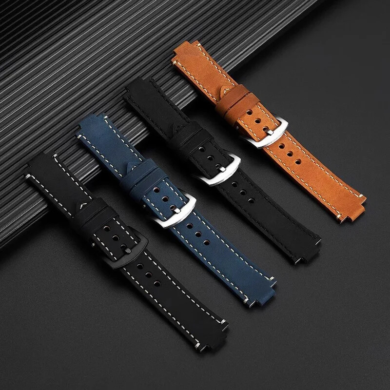 Leather Watch Strap for Oris Aquis 7330 7740 24x12mm Black Blue Convex Wristband