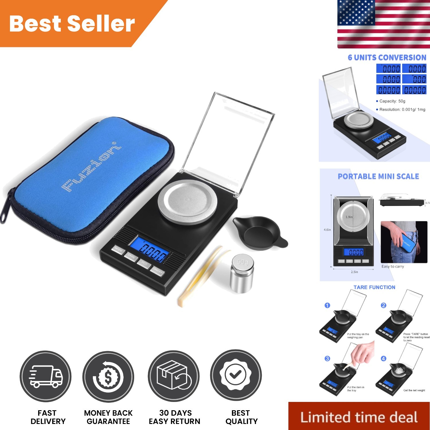 Lightweight 50g Milligram Scale with Tare Function & Calibration Kit Included